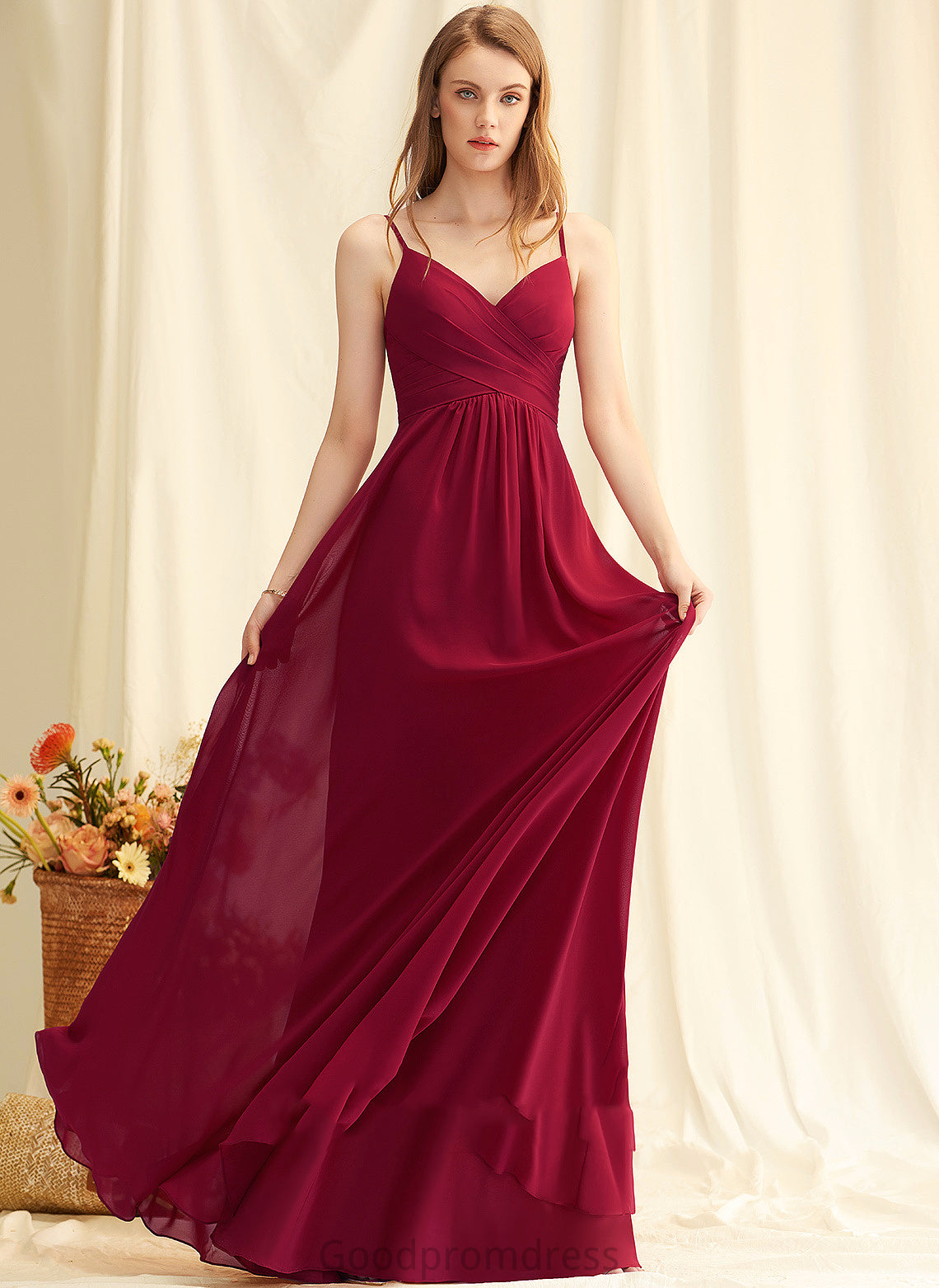 A-Line V-neck Fabric Ruffle Silhouette Embellishment Floor-Length Length Neckline Madyson A-Line/Princess Sleeveless Bridesmaid Dresses