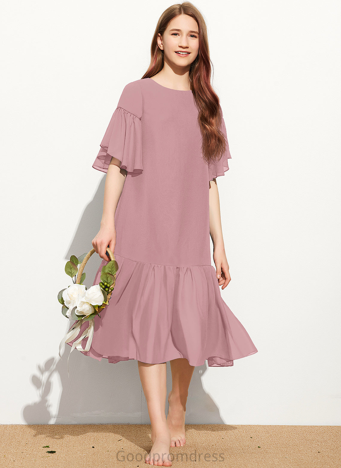 Cascading Scoop With Knee-Length Junior Bridesmaid Dresses Ruffles Liliana A-Line Neck Chiffon