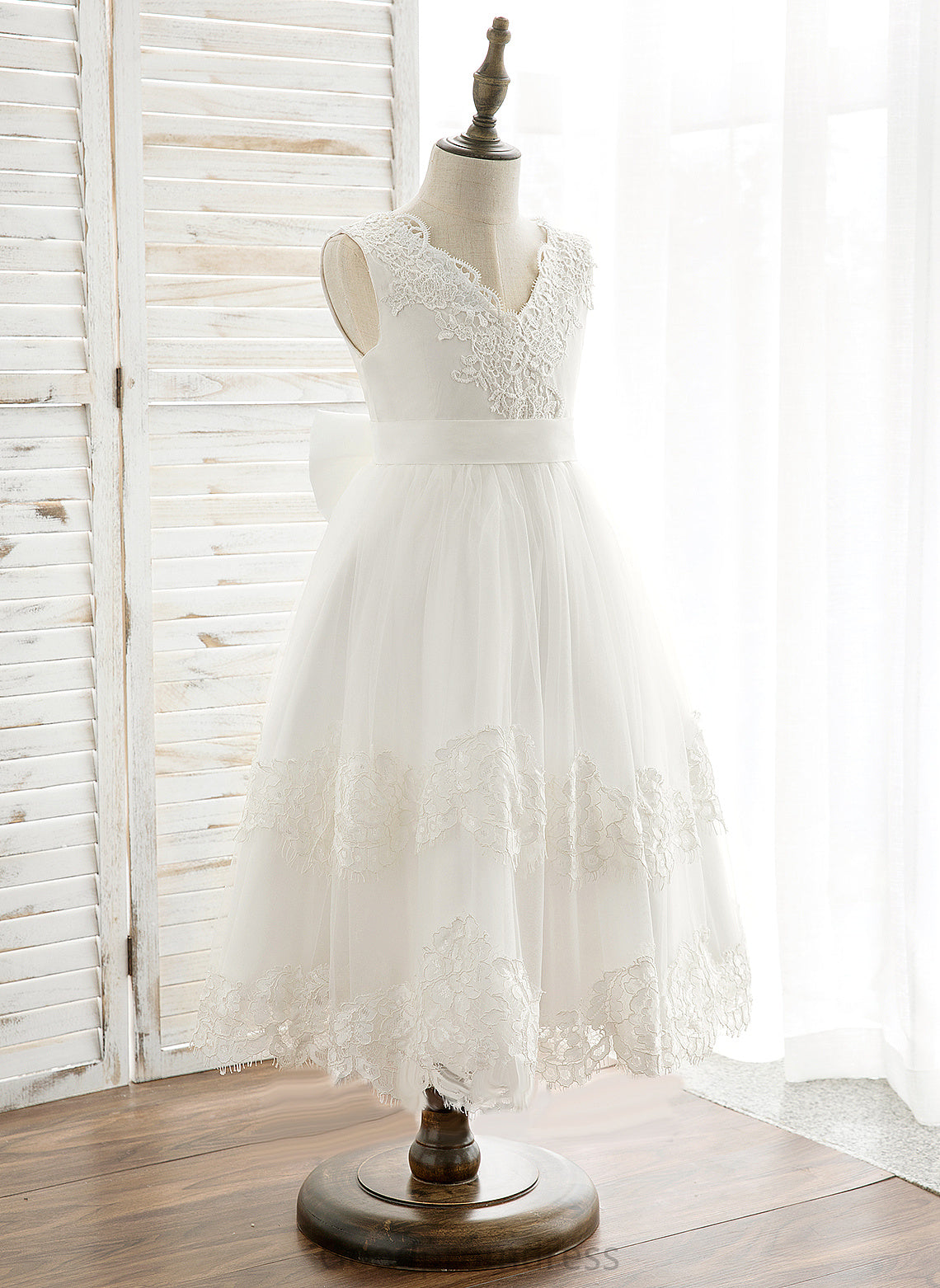 A-Line V-neck Back Girl Dress Sleeveless Tulle/Lace Tea-length With Eve Flower - Flower Girl Dresses Bow(s)/V