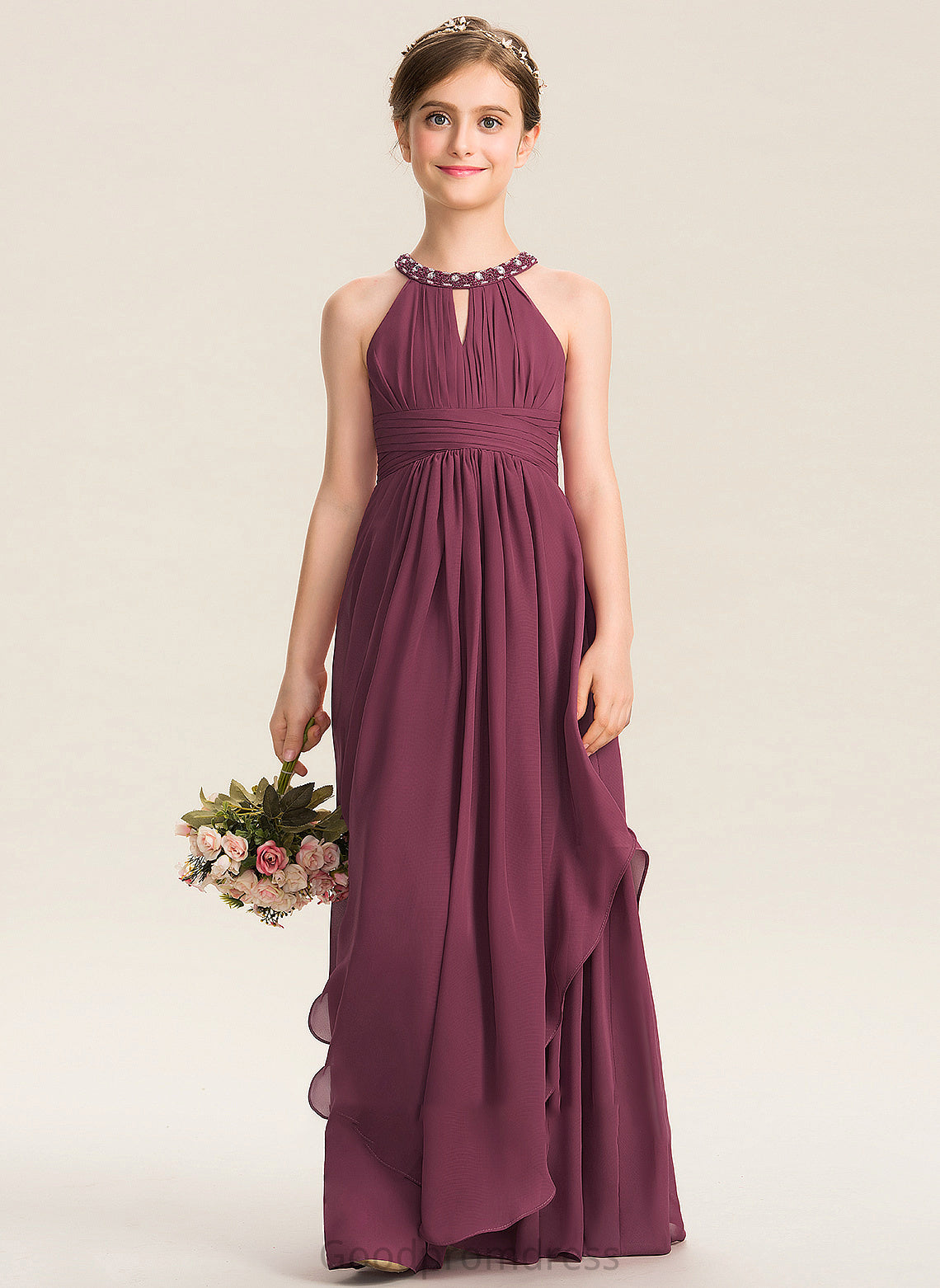 A-Line Ruffle Junior Bridesmaid Dresses With Floor-Length Beading Joselyn Neck Chiffon Scoop