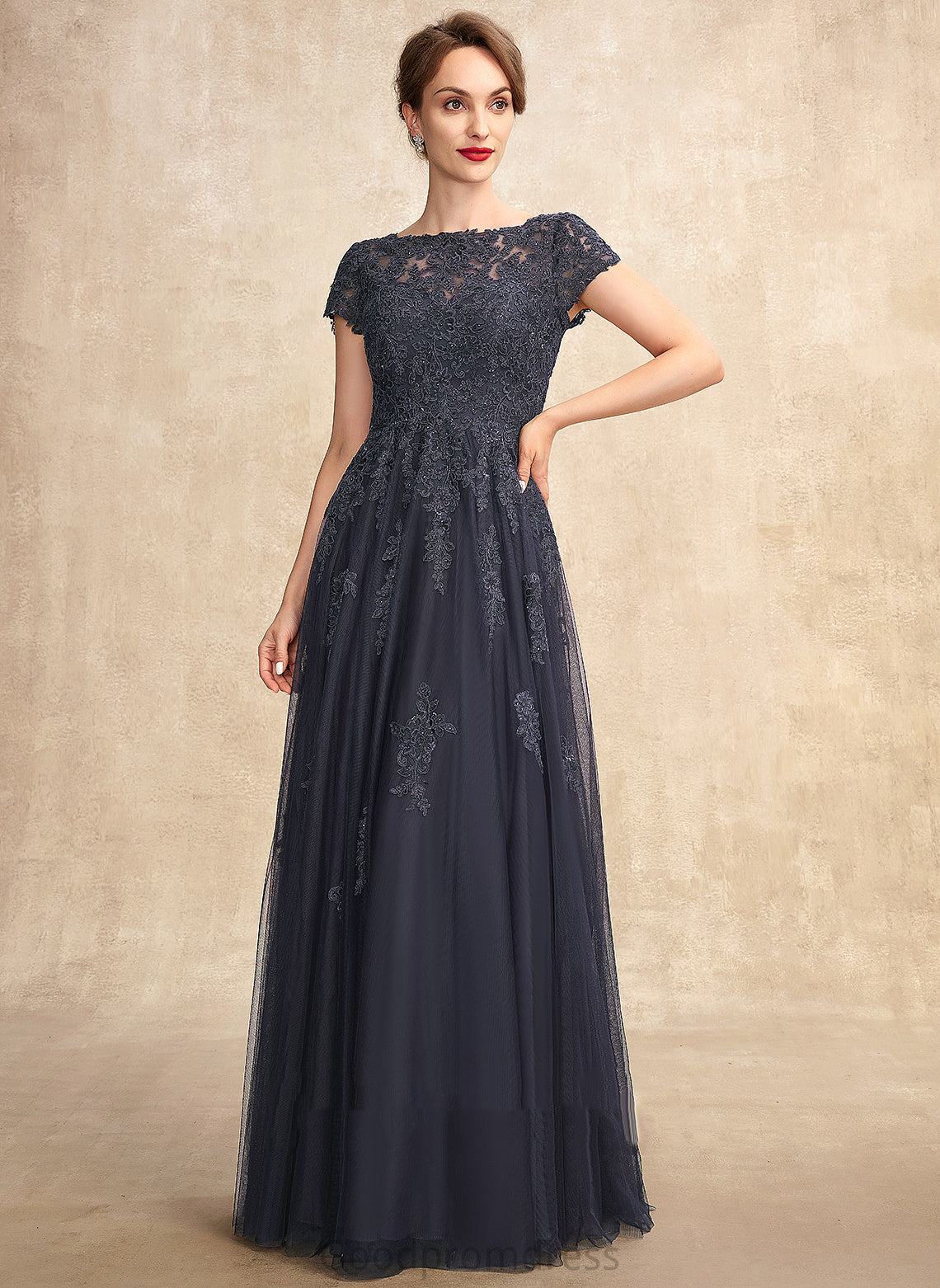 Regina the Mother of the Bride Dresses Scoop Lace of Beading Tulle Bride A-Line With Neck Dress Floor-Length Mother