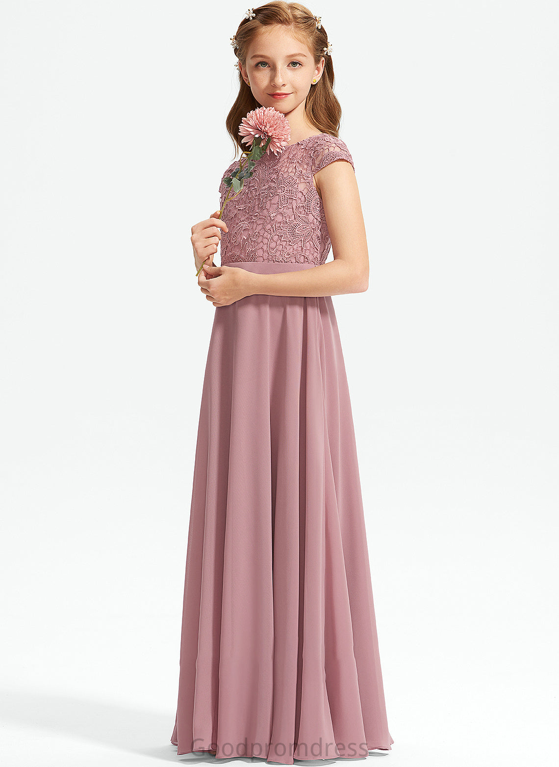 Scoop Chiffon Junior Bridesmaid Dresses Neck Lace Sam A-Line Floor-Length