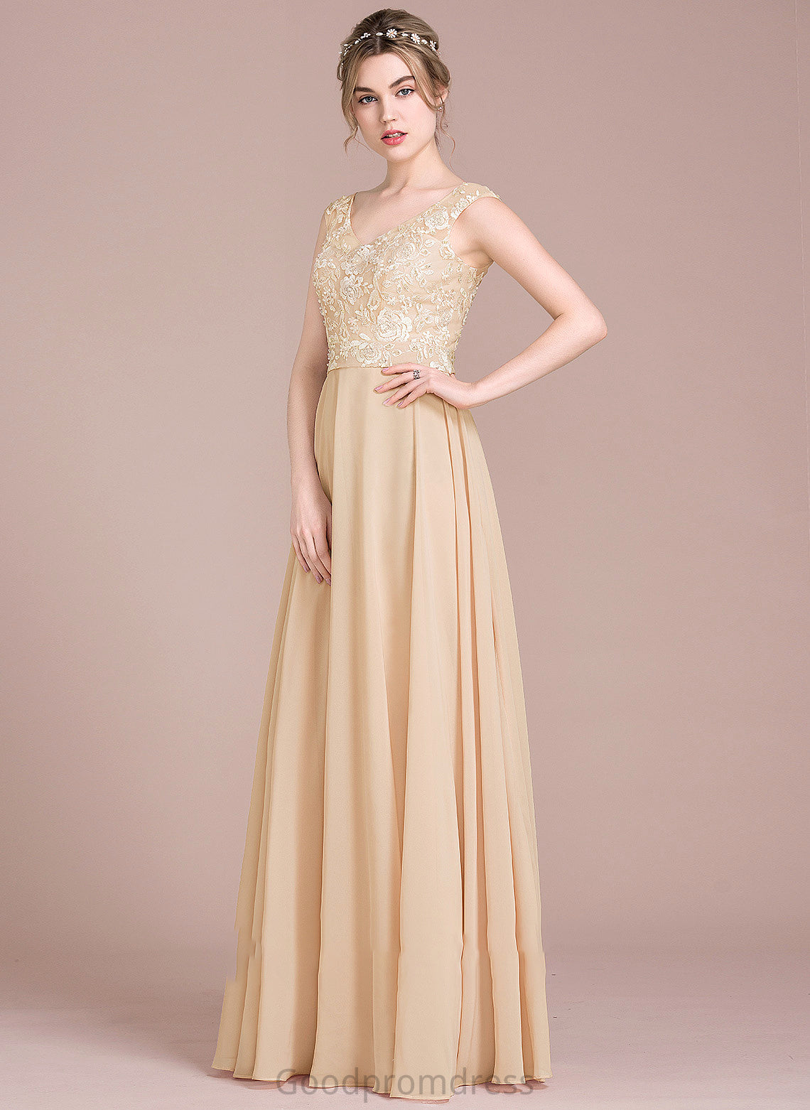 Floor-Length V-neck Chiffon Aileen Lace A-Line Prom Dresses