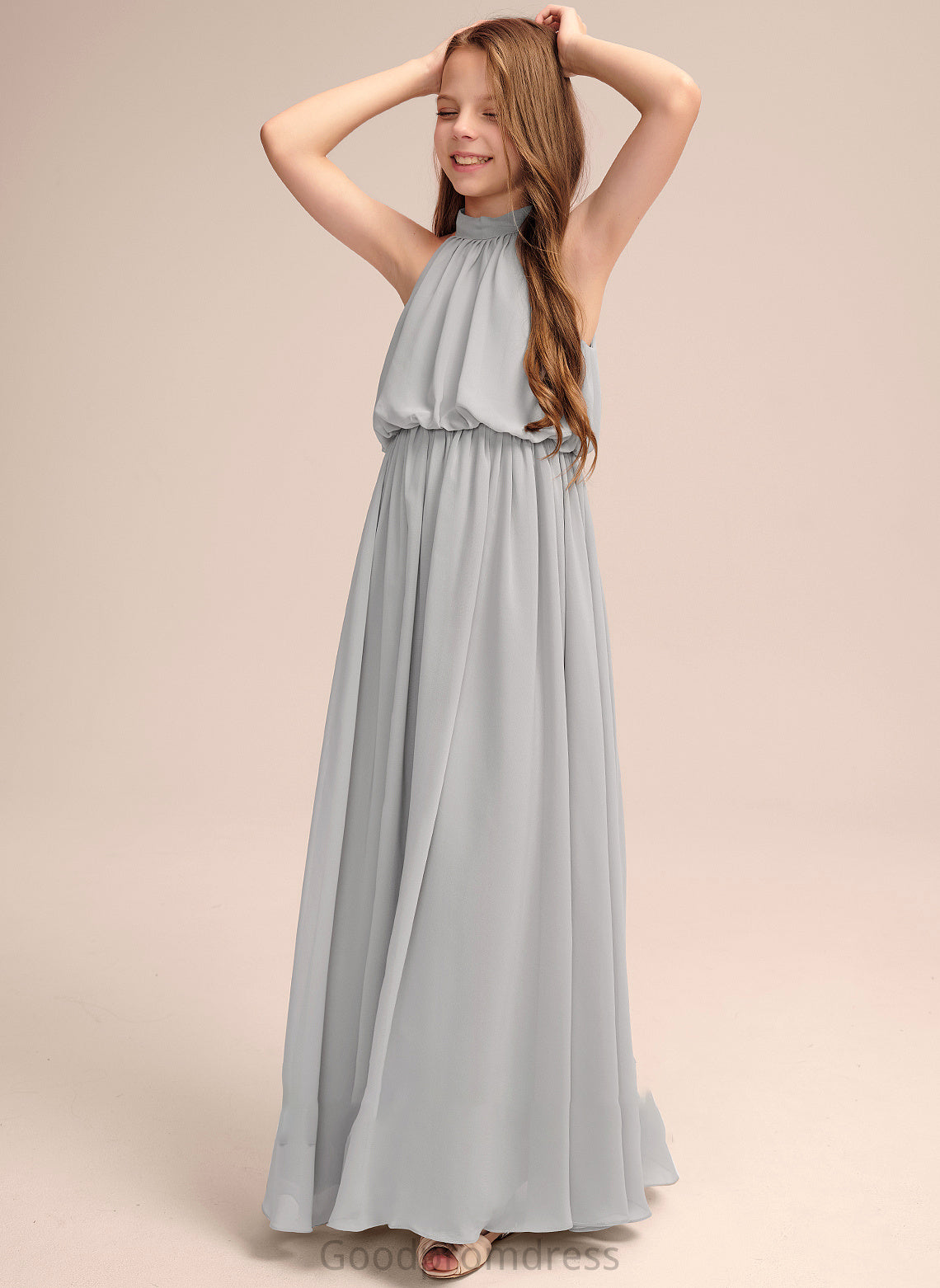 Neck Ursula Ruffle Junior Bridesmaid Dresses Floor-Length Chiffon A-Line With High