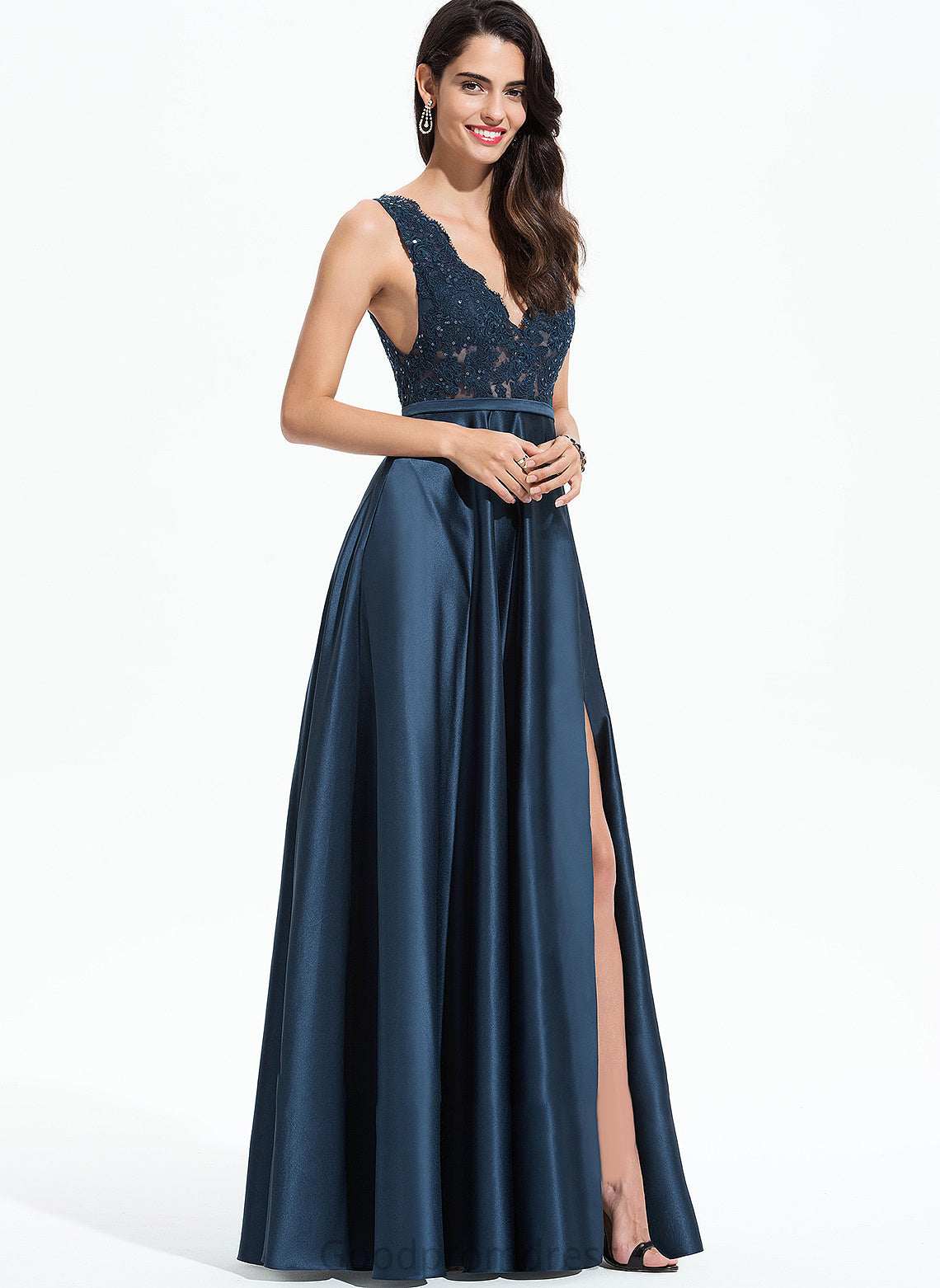 V-neck Satin Sanaa Split Floor-Length With Pockets Prom Dresses Lace Sequins Front A-Line