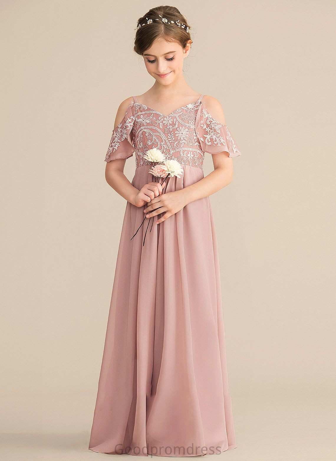 V-neck A-Line Chiffon Sophie Junior Bridesmaid Dresses Lace Floor-Length