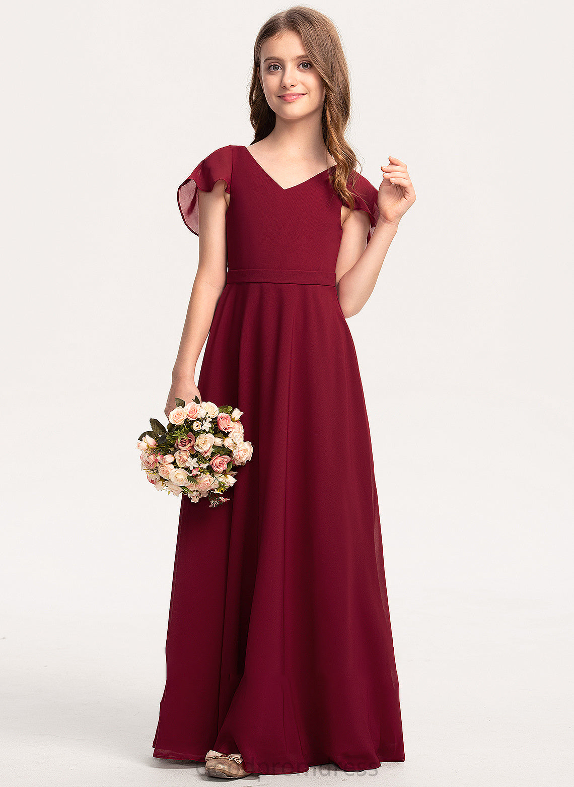 Jamie Ruffles Floor-Length V-neck Cascading With Junior Bridesmaid Dresses A-Line Chiffon