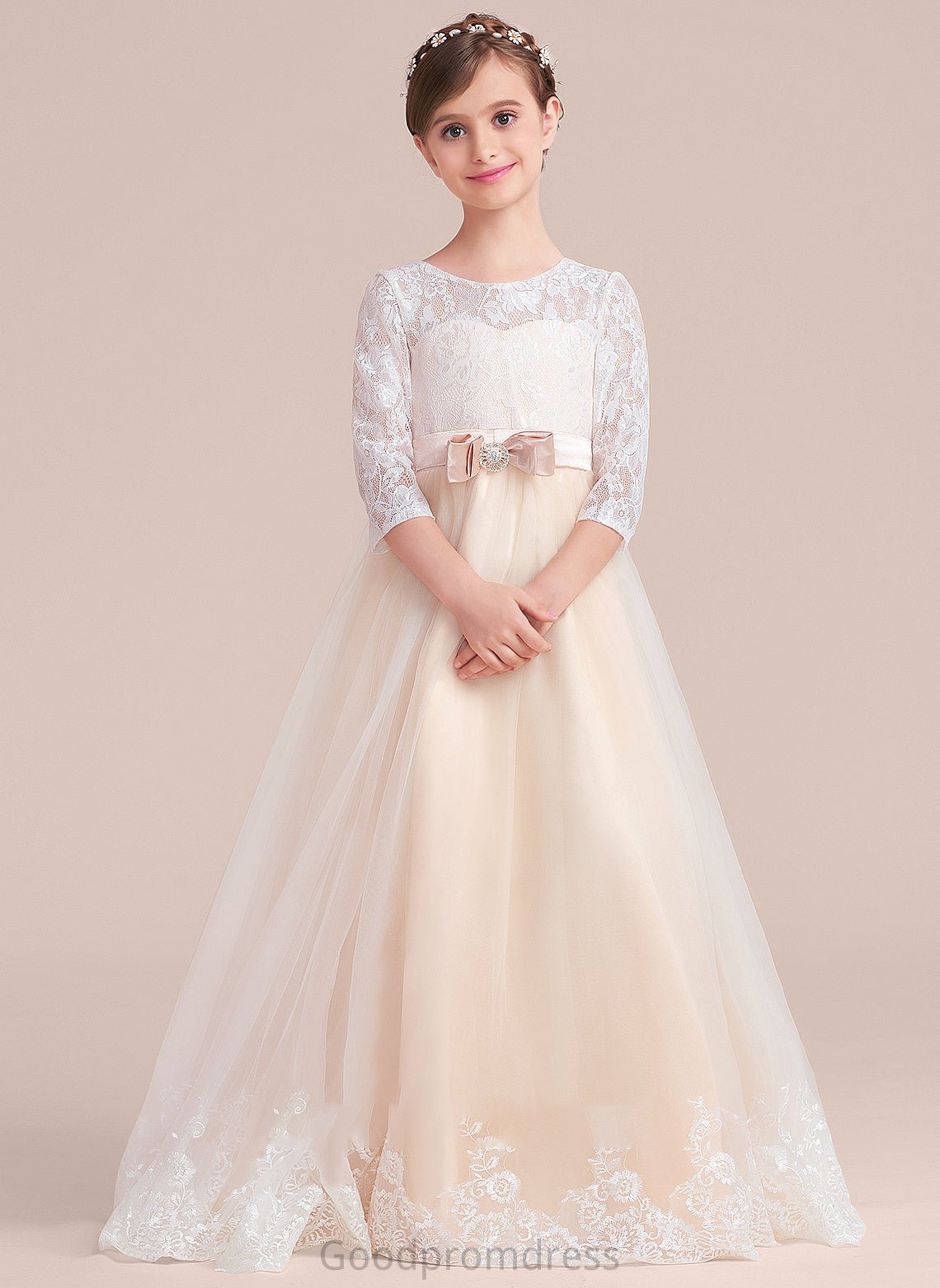 Scoop Neck Bow(s) Sash Floor-Length Ball-Gown/Princess Junior Bridesmaid Dresses Tulle With Lace Beading Quinn