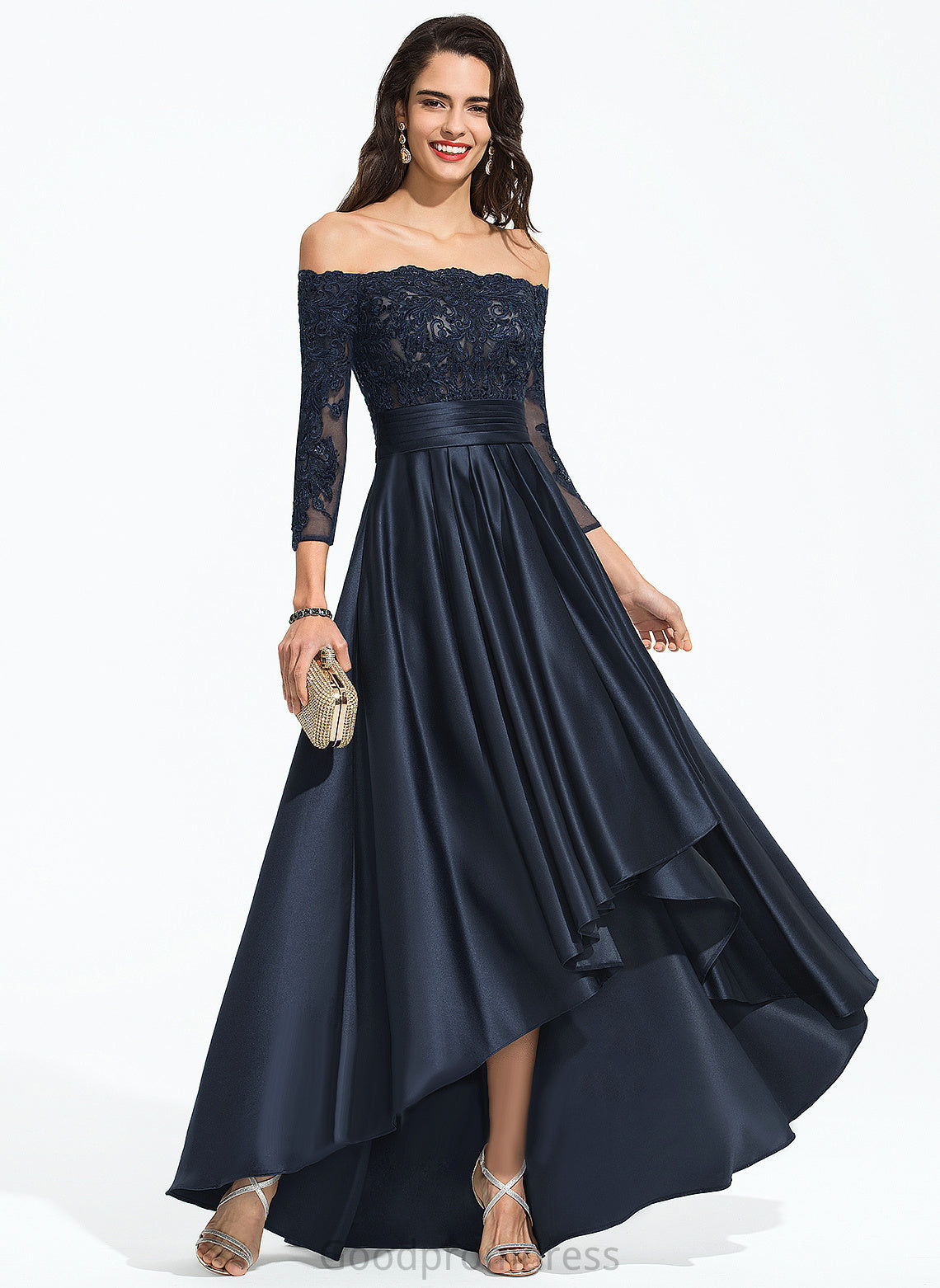 Ruffles With Lace Sequins Off-the-Shoulder Thea Cascading Satin Asymmetrical Prom Dresses A-Line