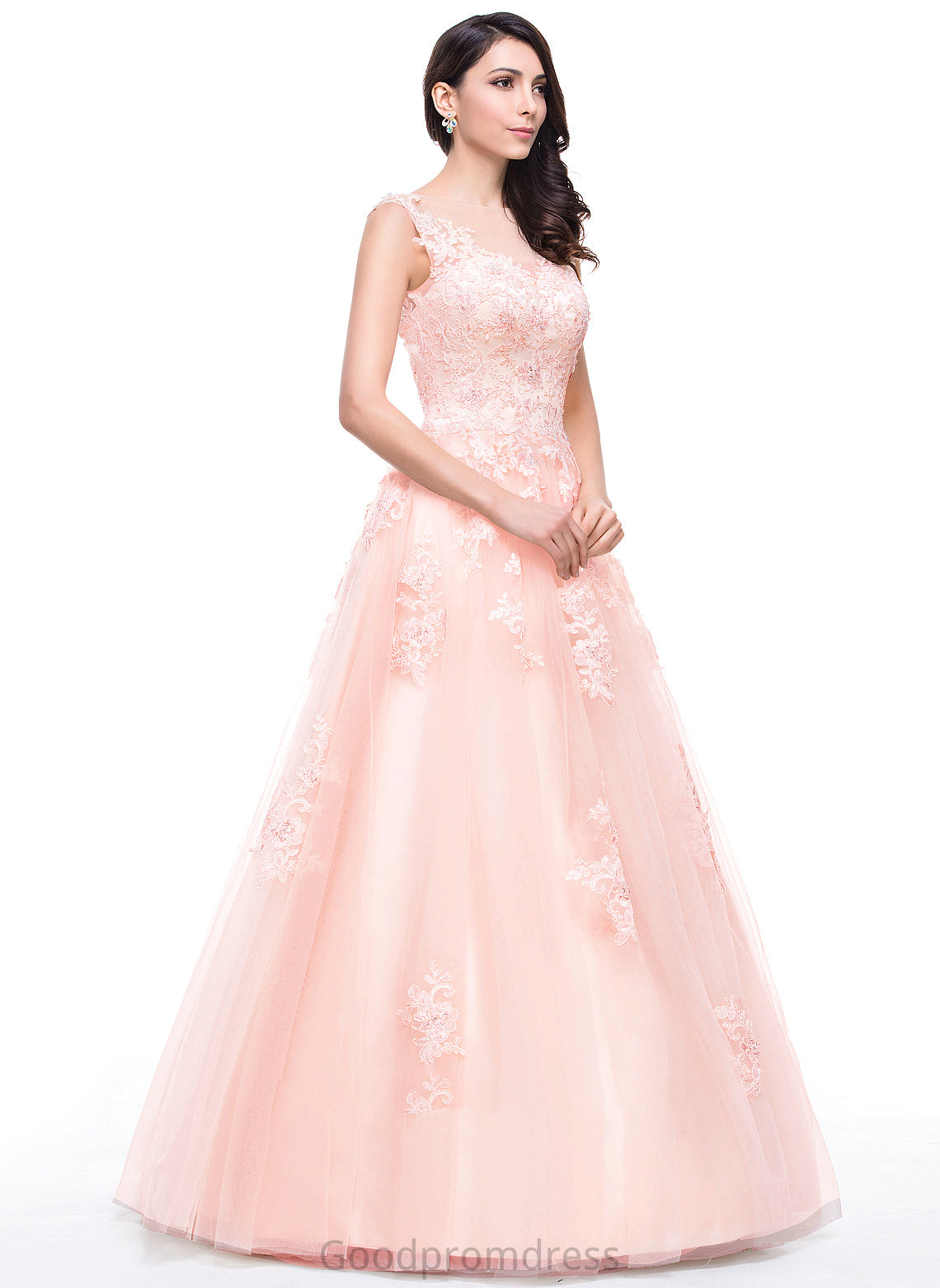 Angel With Appliques Sequins Prom Dresses Scoop Beading Ball-Gown/Princess Floor-Length Tulle Lace Neck