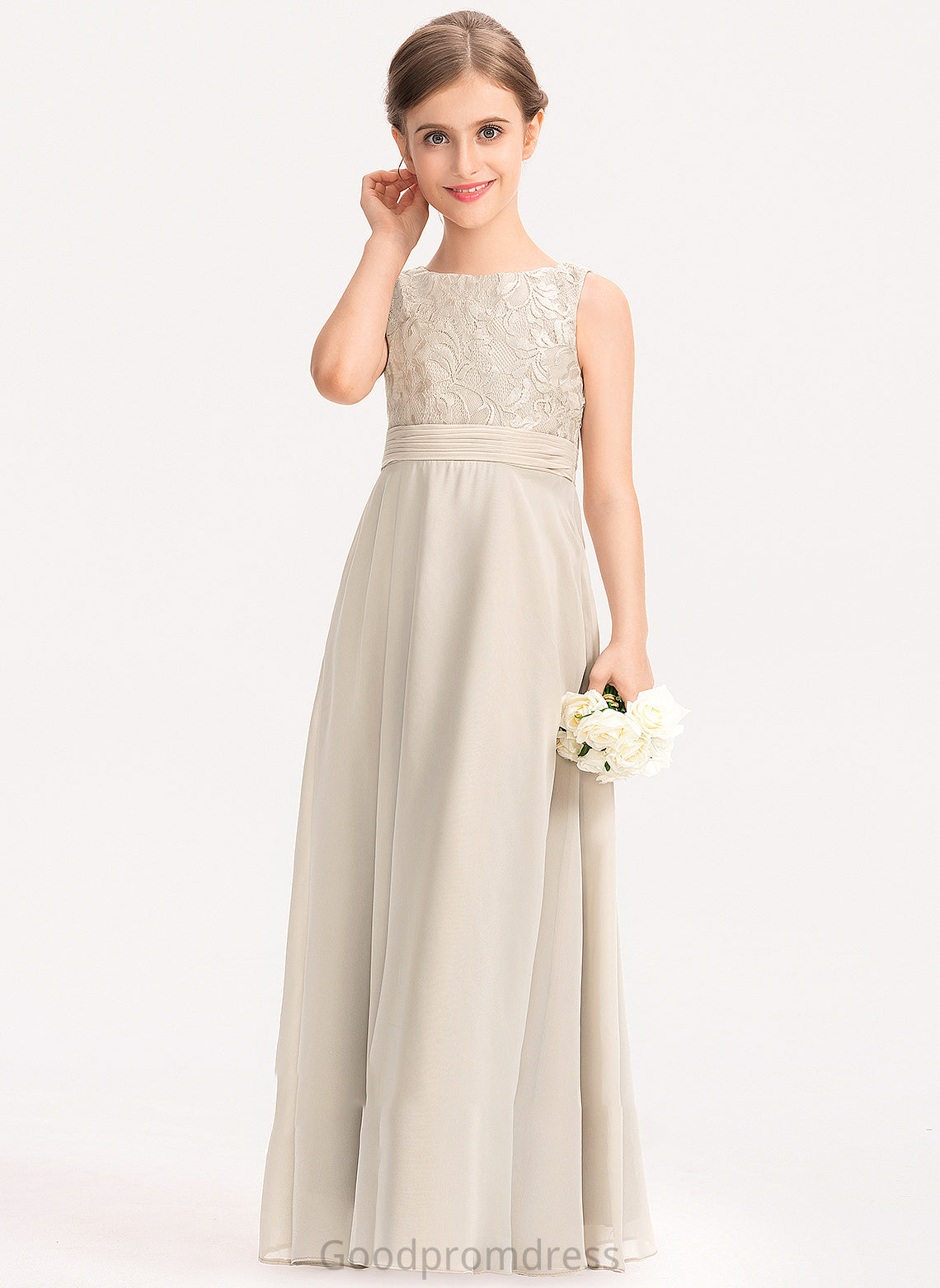 Floor-Length Lace Junior Bridesmaid Dresses Amelie Ruffle Neck With Chiffon Scoop A-Line