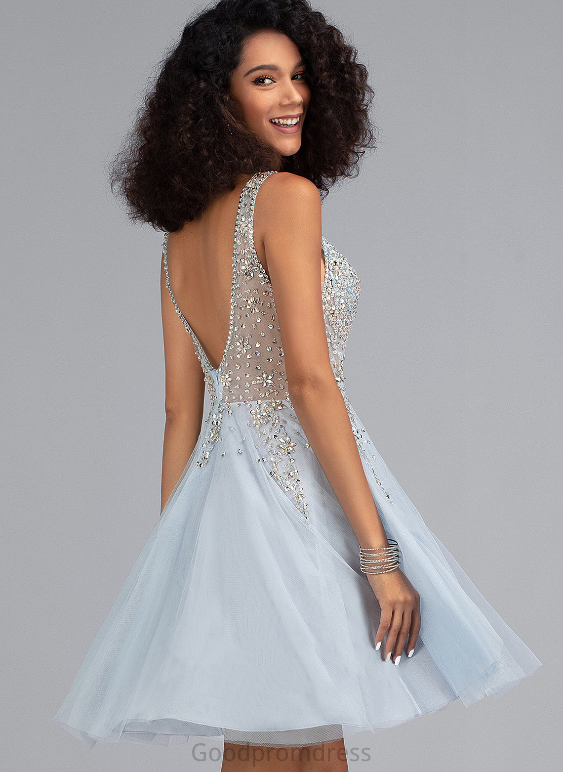 Beading Sequins With Tulle Dress A-Line Short/Mini Homecoming Dresses Homecoming Allisson V-neck