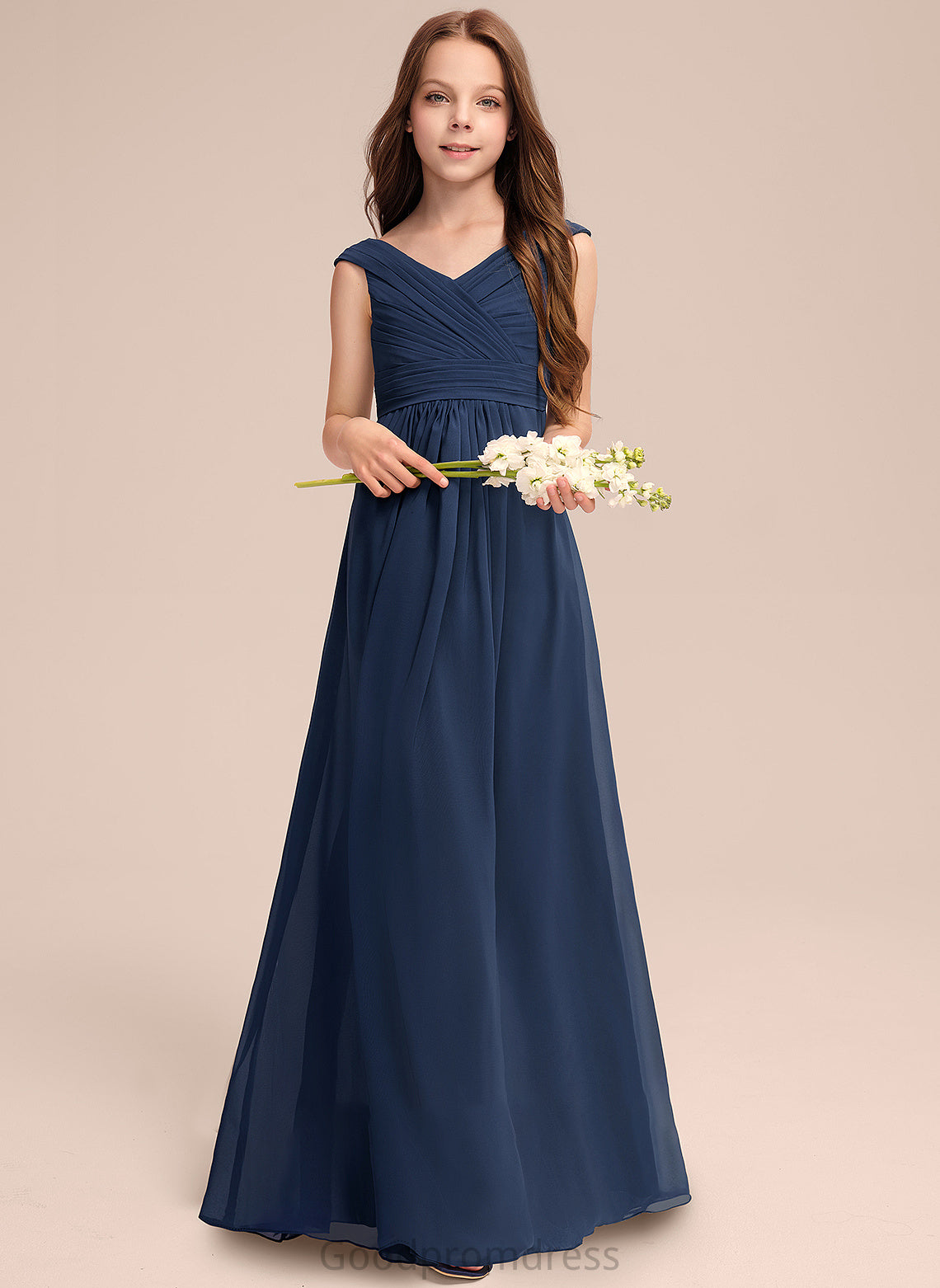 Off-the-Shoulder A-Line Floor-Length Breanna With Ruffles Junior Bridesmaid Dresses Chiffon