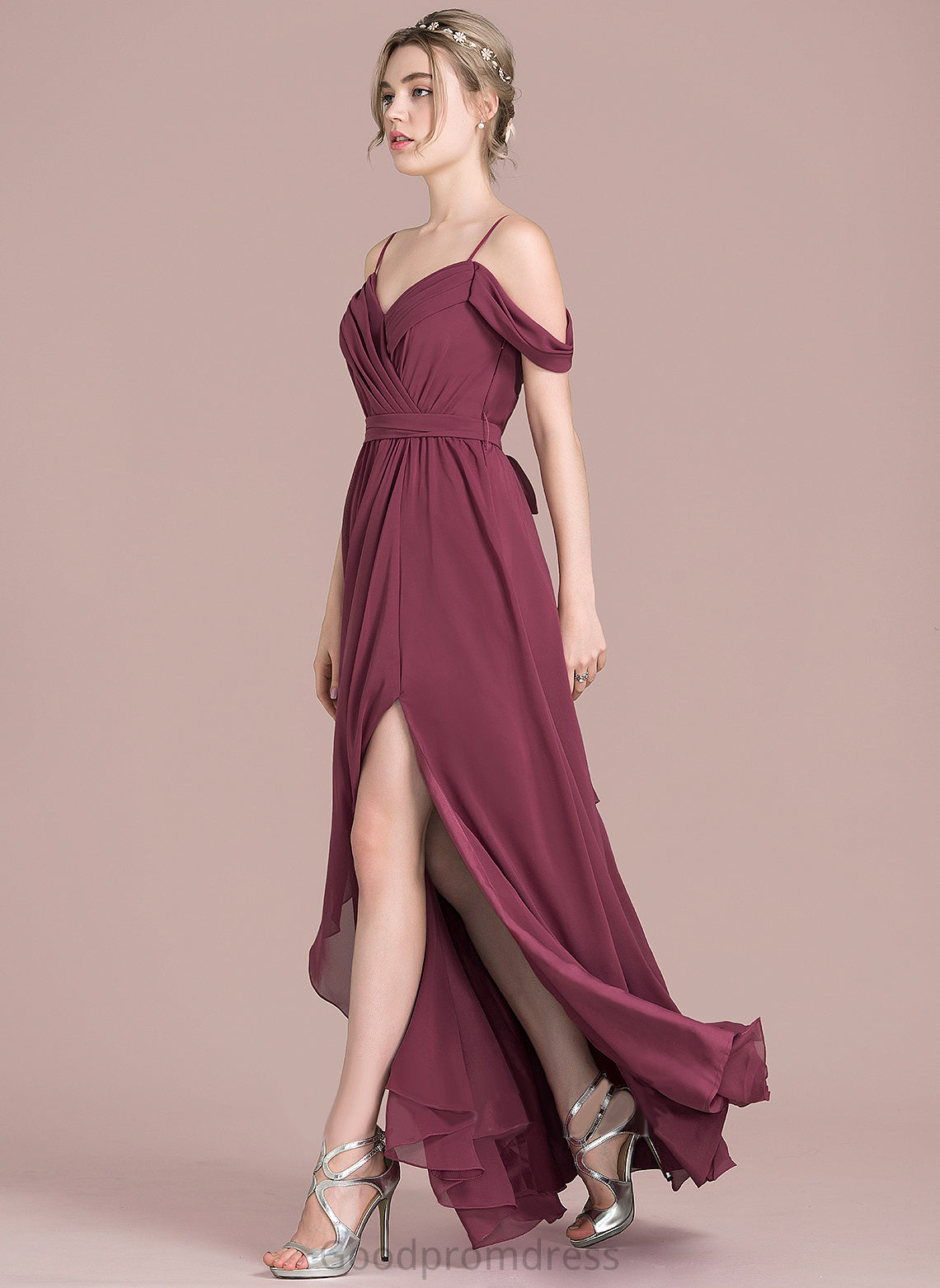 Front Ruffles V-neck Floor-Length Bow(s) A-Line Chiffon Prom Dresses With Cascading Luz Split