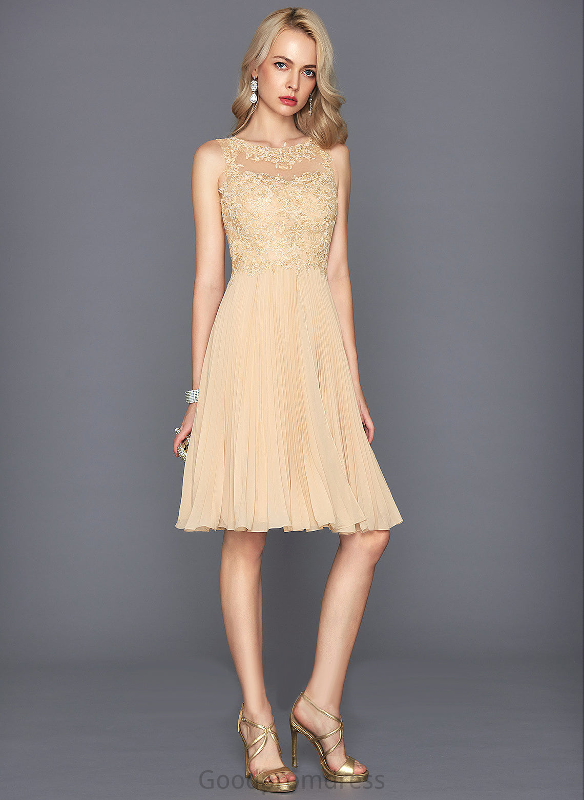 Dress Scoop Cocktail With Neck Lace Chiffon Cocktail Dresses Janey Pleated A-Line Knee-Length