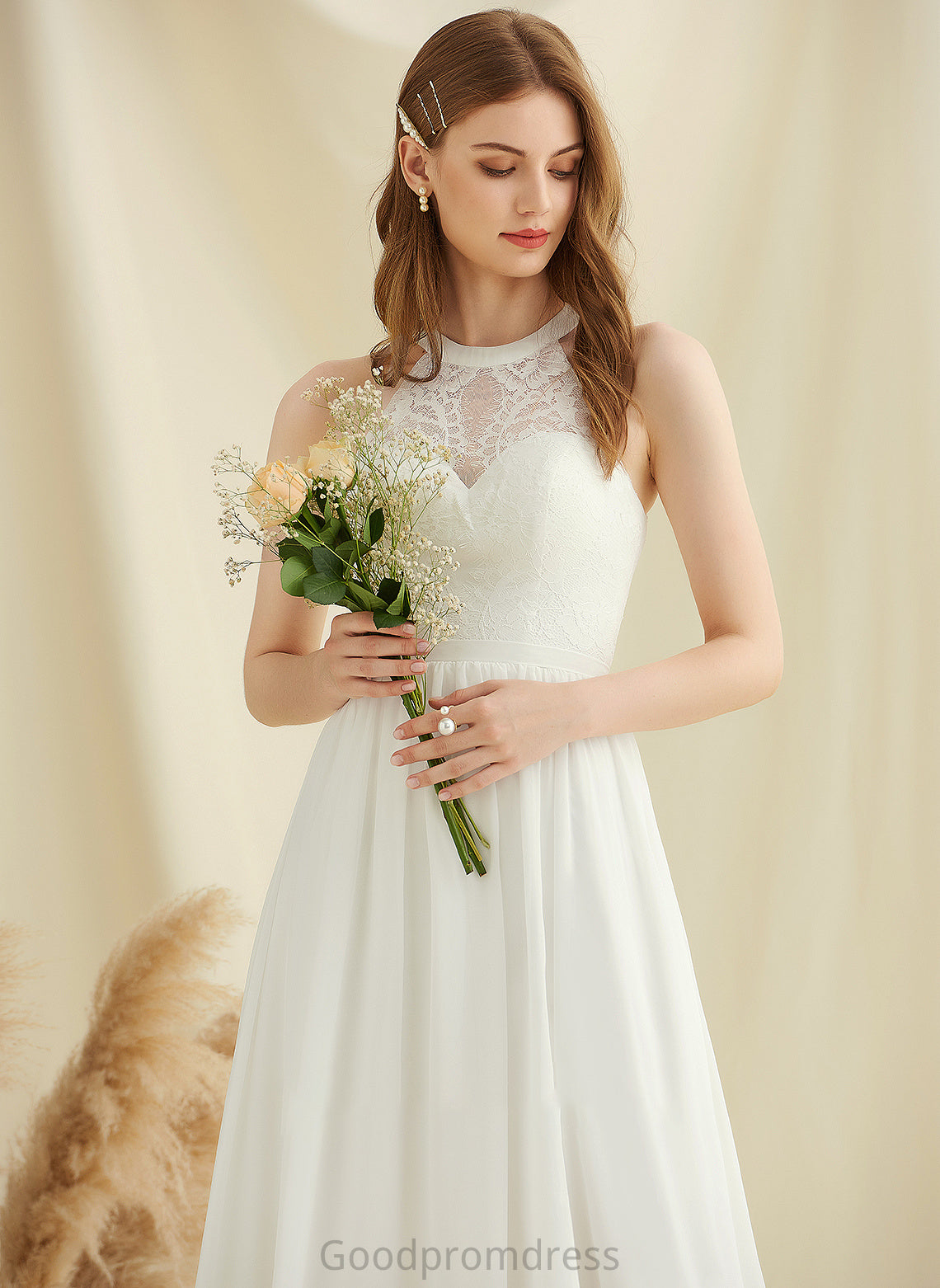 Lace Sara Wedding Dresses Front Split A-Line Floor-Length Wedding Scoop Neck Dress Chiffon With