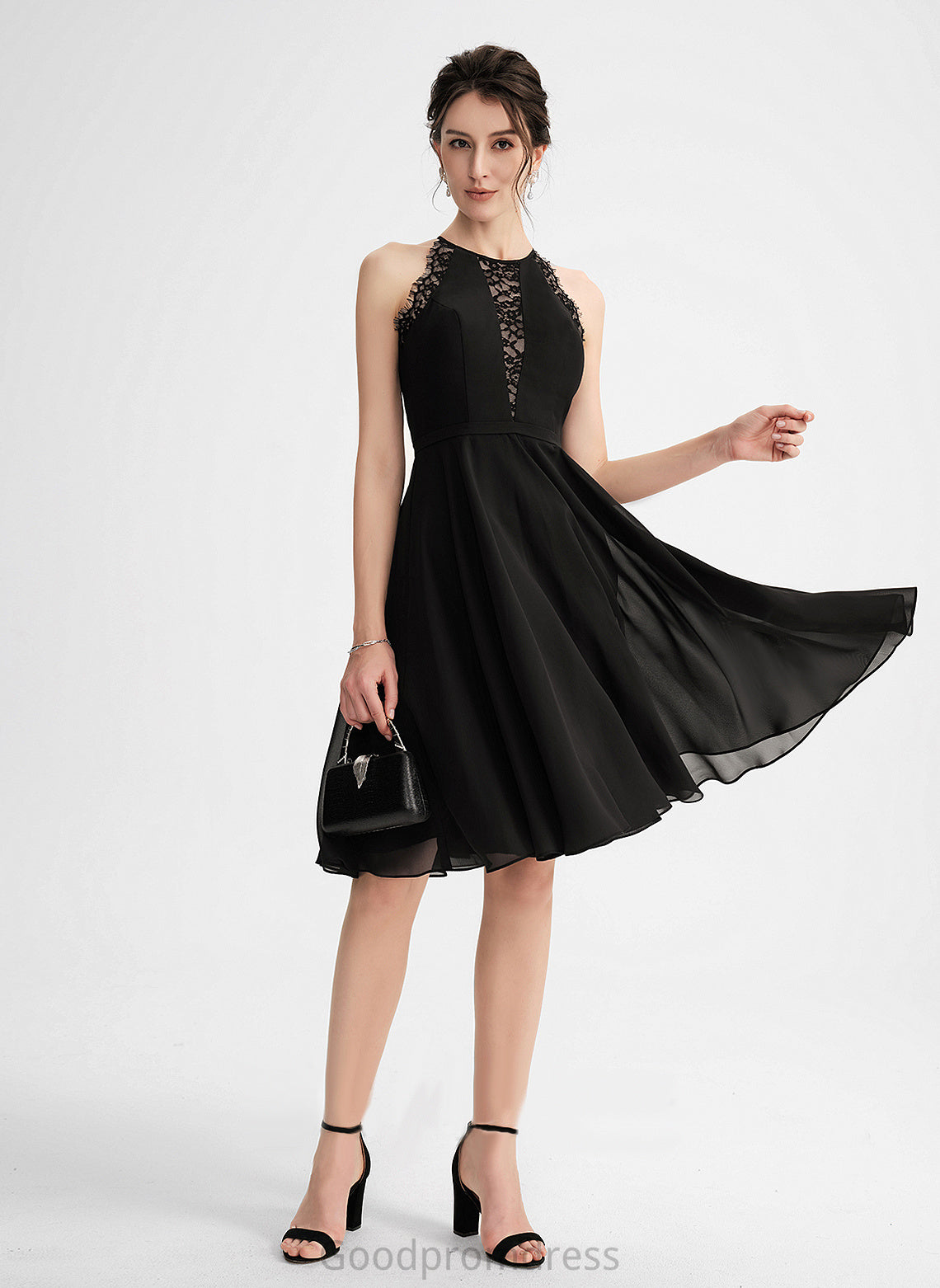 Knee-Length Cocktail Dresses Neck Scoop Chiffon Lace Dress Cocktail Polly With A-Line