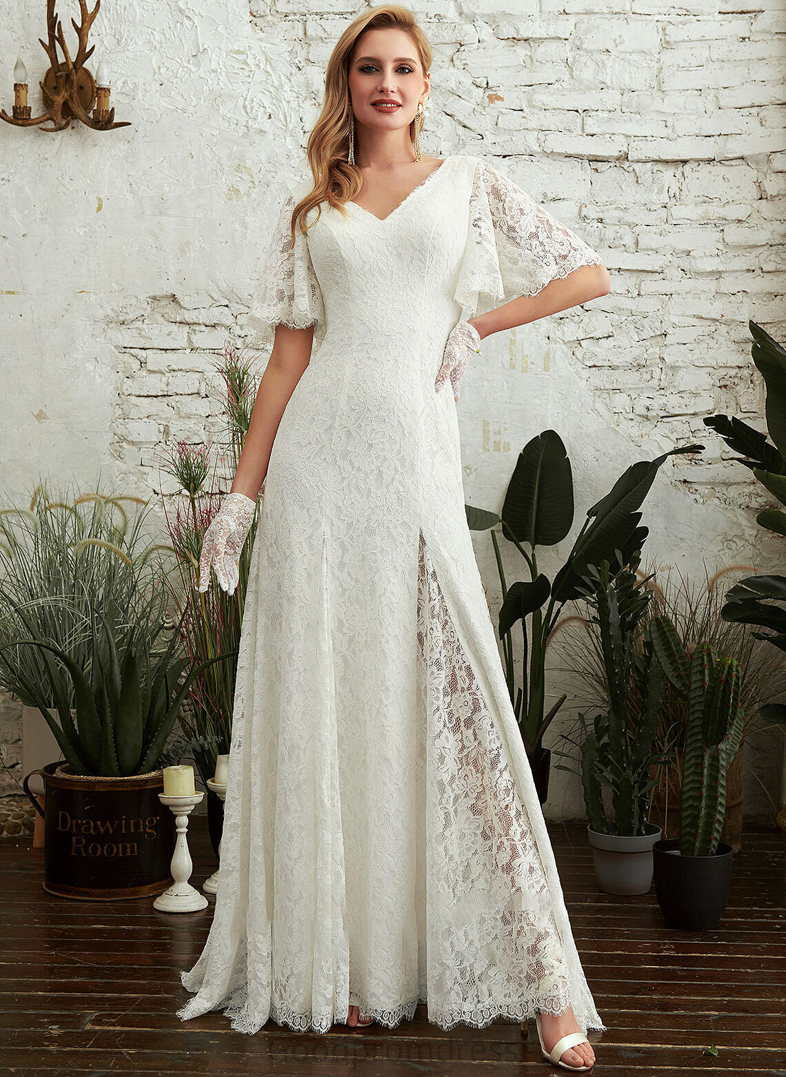 Sweep Dress Train Front Sheath/Column Split V-neck Francesca Wedding With Wedding Dresses