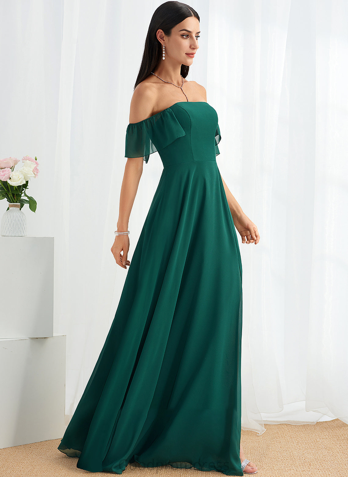 Off-the-Shoulder A-Line Length Fabric Neckline Floor-Length SplitFront Silhouette Embellishment Eleanor Natural Waist Spaghetti Staps Bridesmaid Dresses