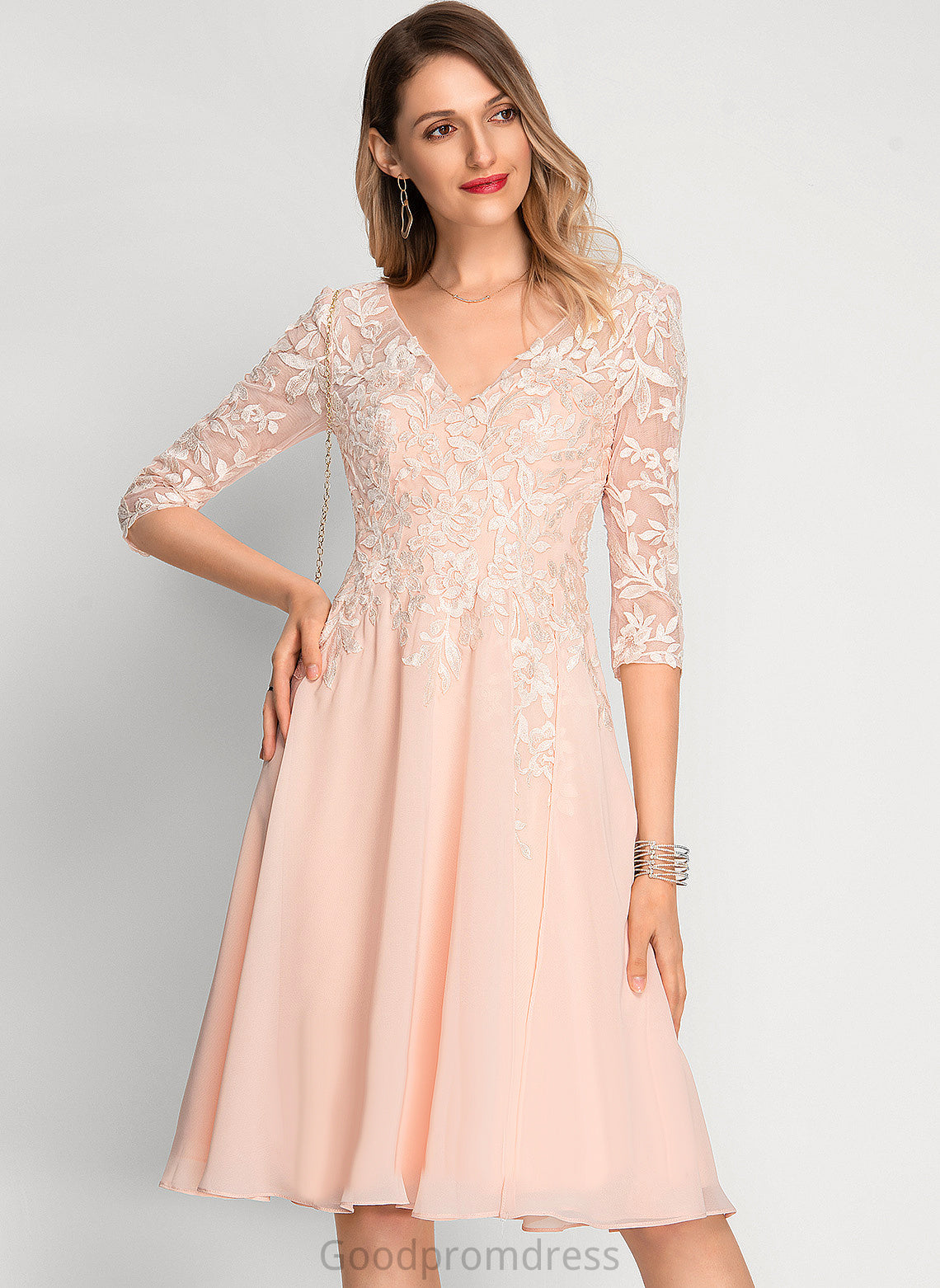 A-Line Cocktail With Lace Knee-Length Sequins Cocktail Dresses Brylee V-neck Chiffon Dress