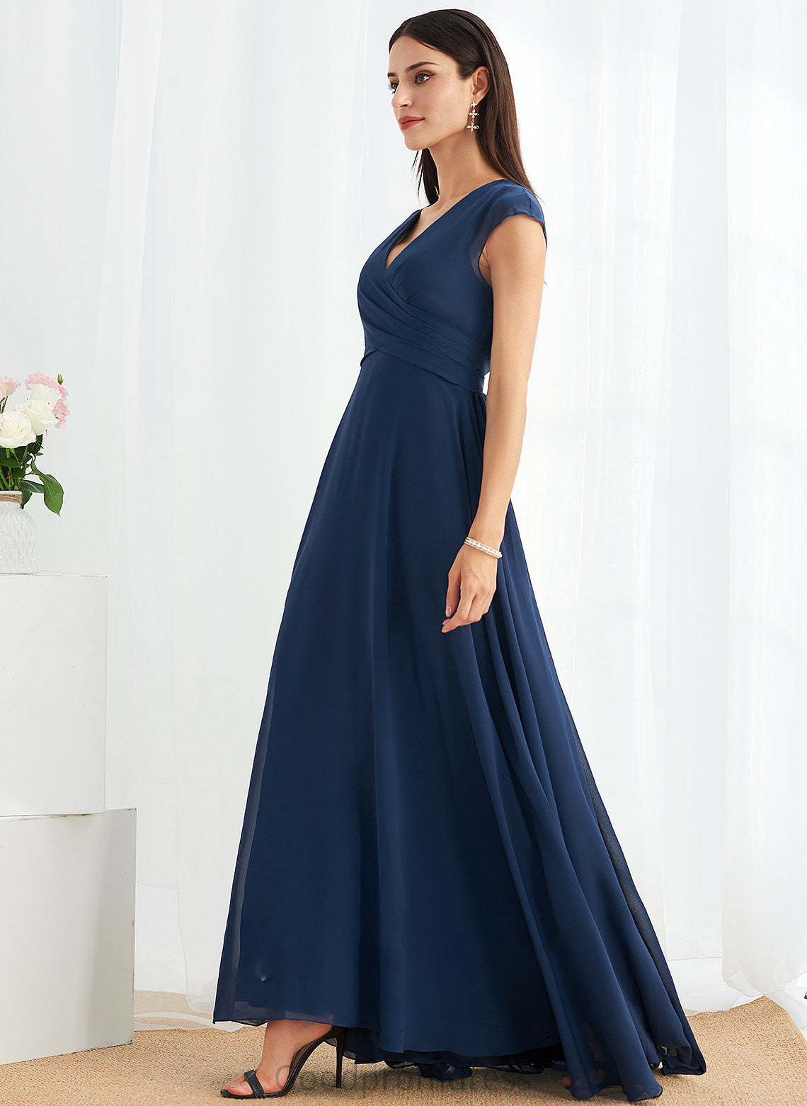 Silhouette A-Line Fabric Neckline Floor-Length Ruffle Length Embellishment V-neck Rayna A-Line/Princess Floor Length Bridesmaid Dresses