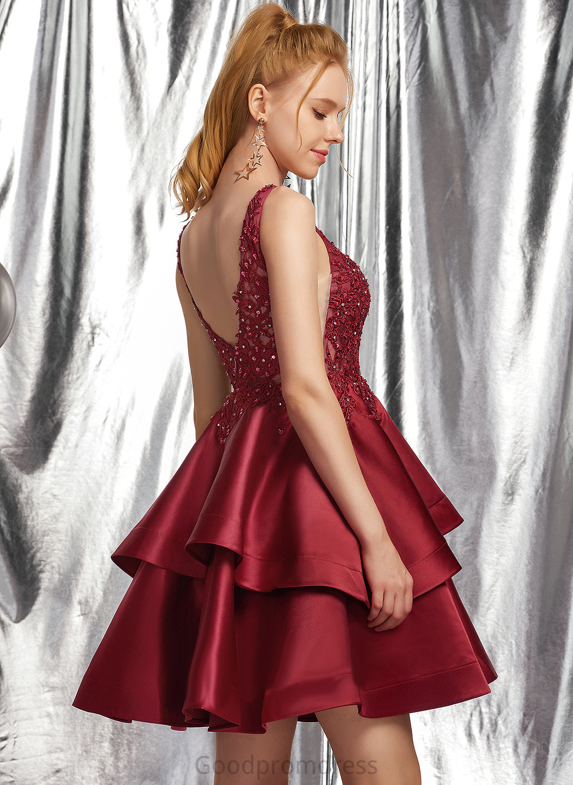 Satin Sequins Homecoming With Dress A-Line Beading V-neck Hailey Homecoming Dresses Short/Mini Lace