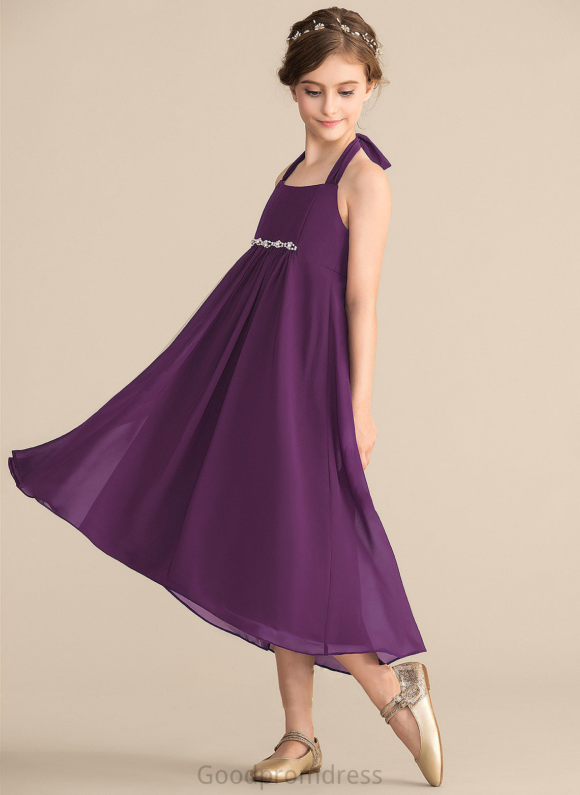 Empire Asymmetrical Beading Chiffon With Germaine Bow(s) Halter Junior Bridesmaid Dresses