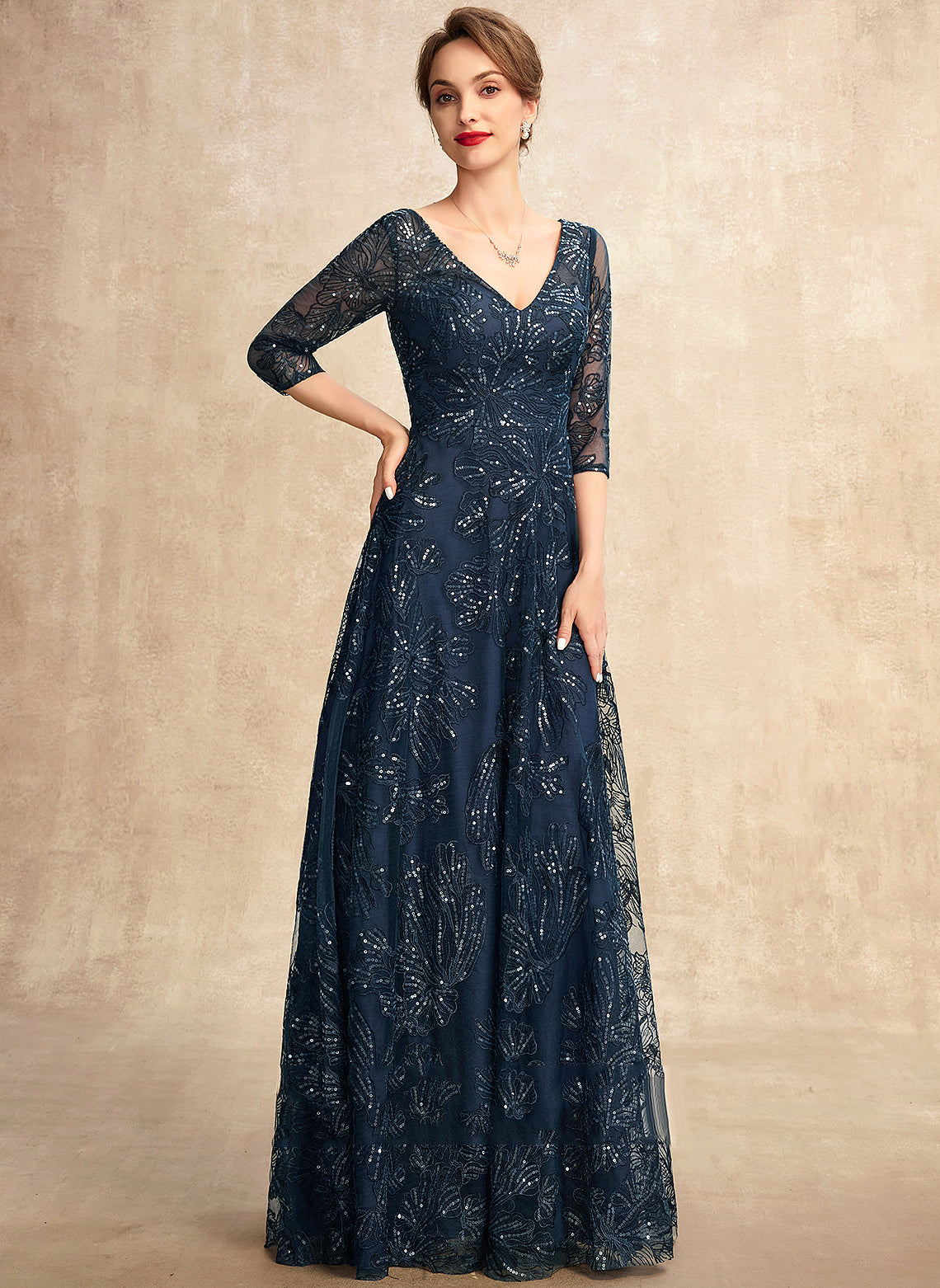 Floor-Length A-Line of Mother of the Bride Dresses Bride Lace Sequins Dress Mother the With V-neck Mara