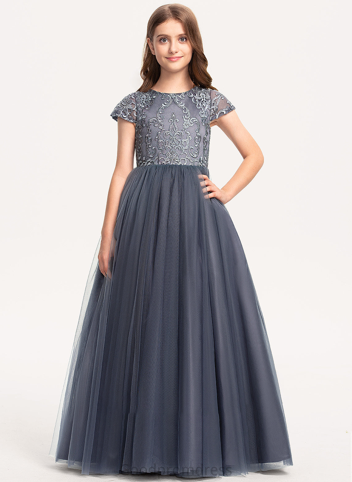 Junior Bridesmaid Dresses Ball-Gown/Princess Lace Floor-Length Neck Jaslene Scoop Tulle