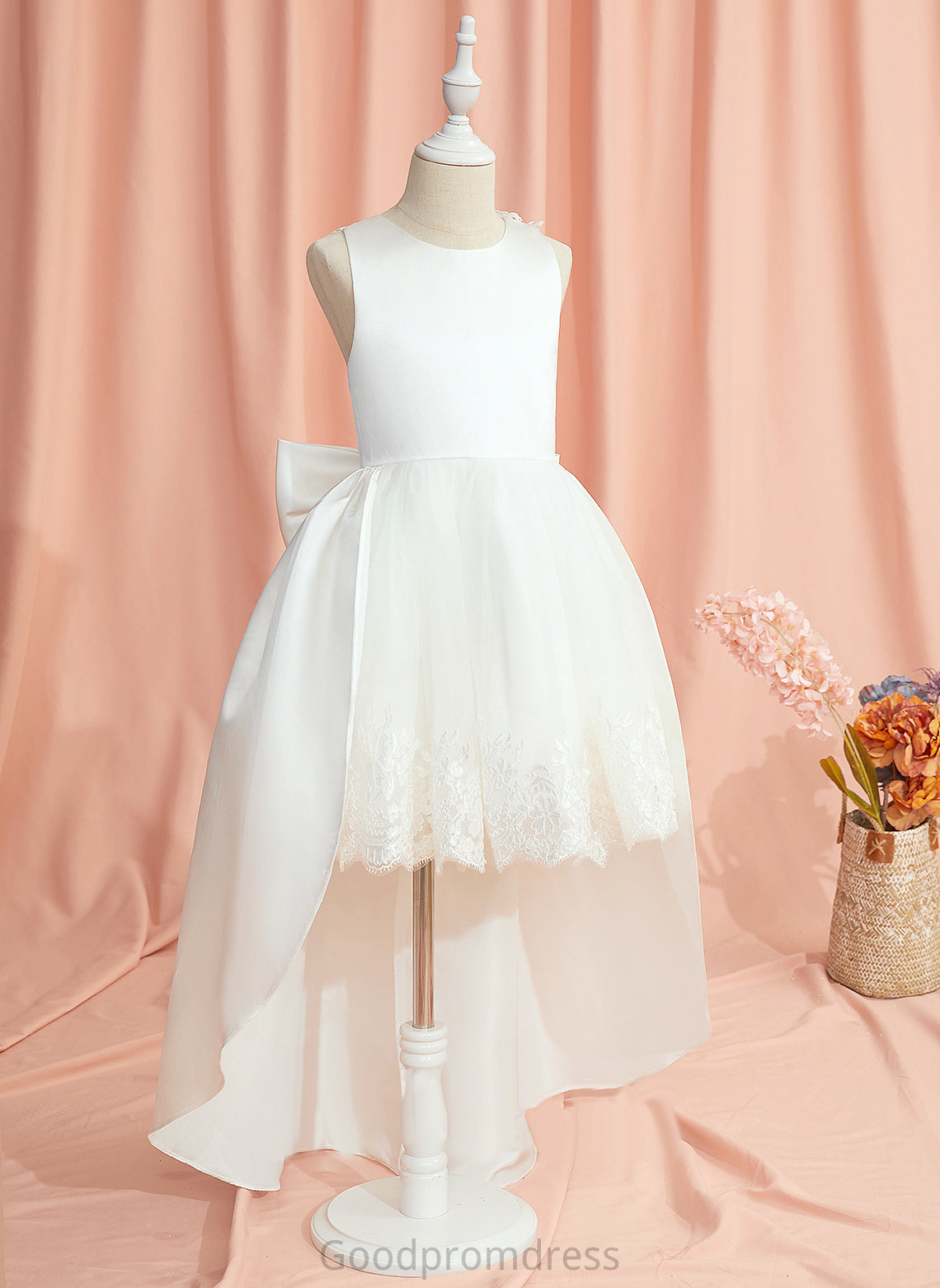 Neck Asymmetrical Flower Girl Dresses Dress Girl Azul Satin/Tulle - Ball-Gown/Princess With Sleeveless Scoop Flower Lace/Bow(s)