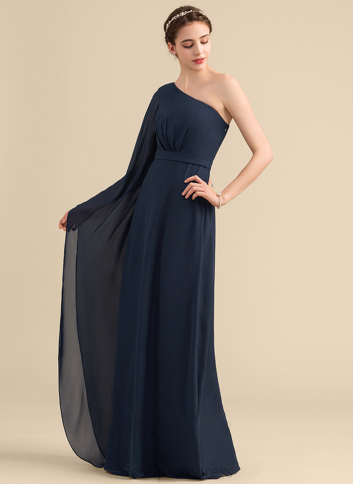 Length A-Line Fabric Embellishment Neckline Ruffle One-Shoulder Floor-Length Silhouette Skyler Sleeveless Empire Waist Bridesmaid Dresses