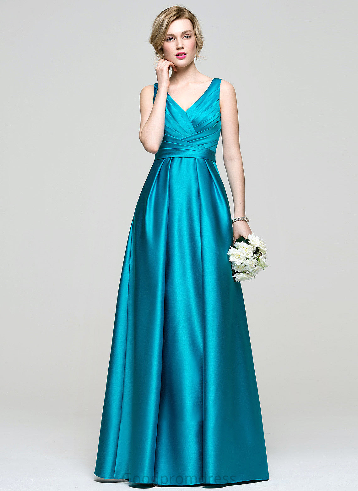 Ball-Gown/Princess Prom Dresses With V-neck Chelsea Satin Ruffle Pockets Floor-Length