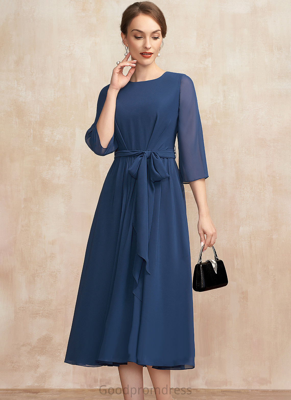 Chiffon Braelyn Mother of the Bride Dresses With the Bow(s) Neck Mother Scoop Tea-Length Bride of A-Line Dress Ruffle