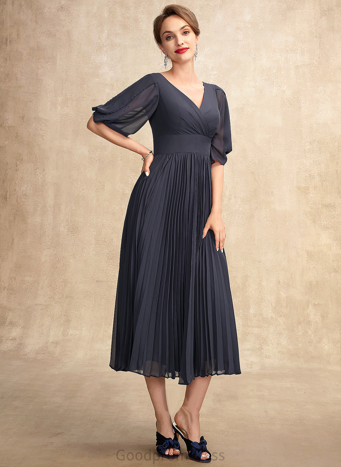 A-Line Chiffon Mother of the Bride Dresses Bride With the Tea-Length Mother Pleated V-neck of Dress Michaela