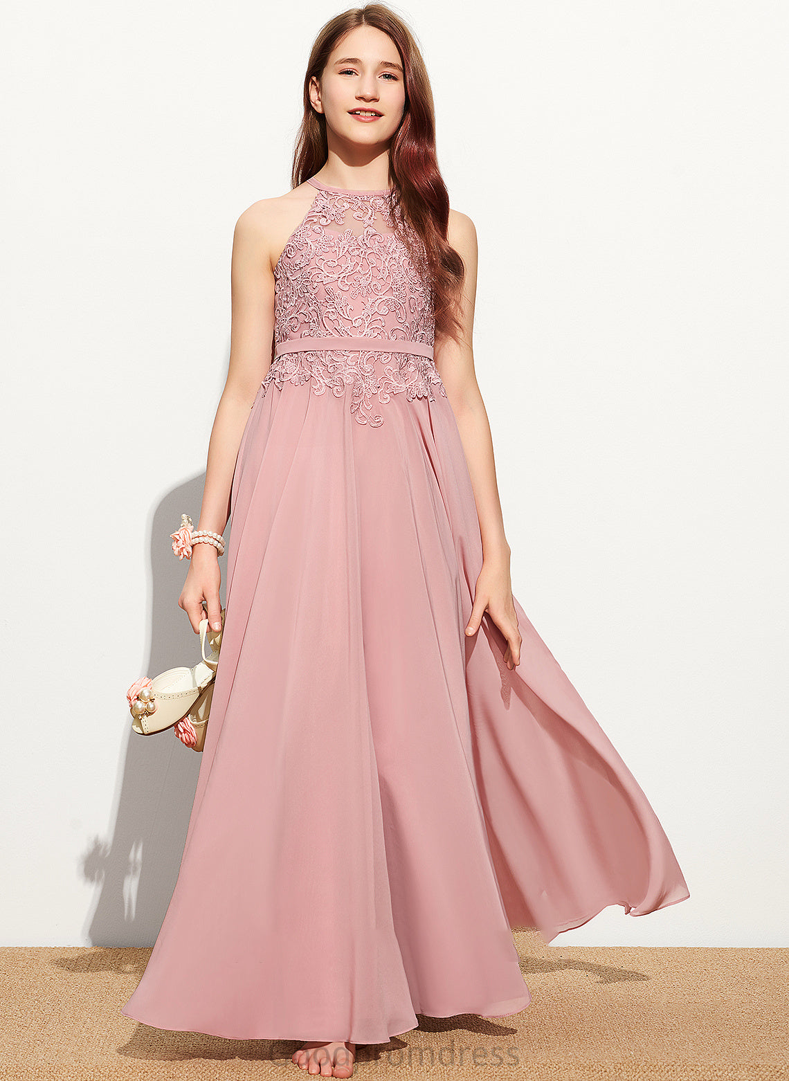 Lace Junior Bridesmaid Dresses Floor-Length A-Line Scoop Neck Chiffon Stacy