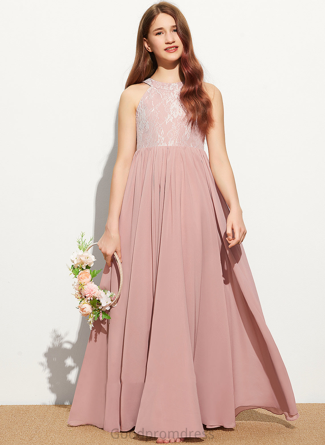 Sequins Lace Destinee Scoop With Floor-Length A-Line Neck Chiffon Junior Bridesmaid Dresses