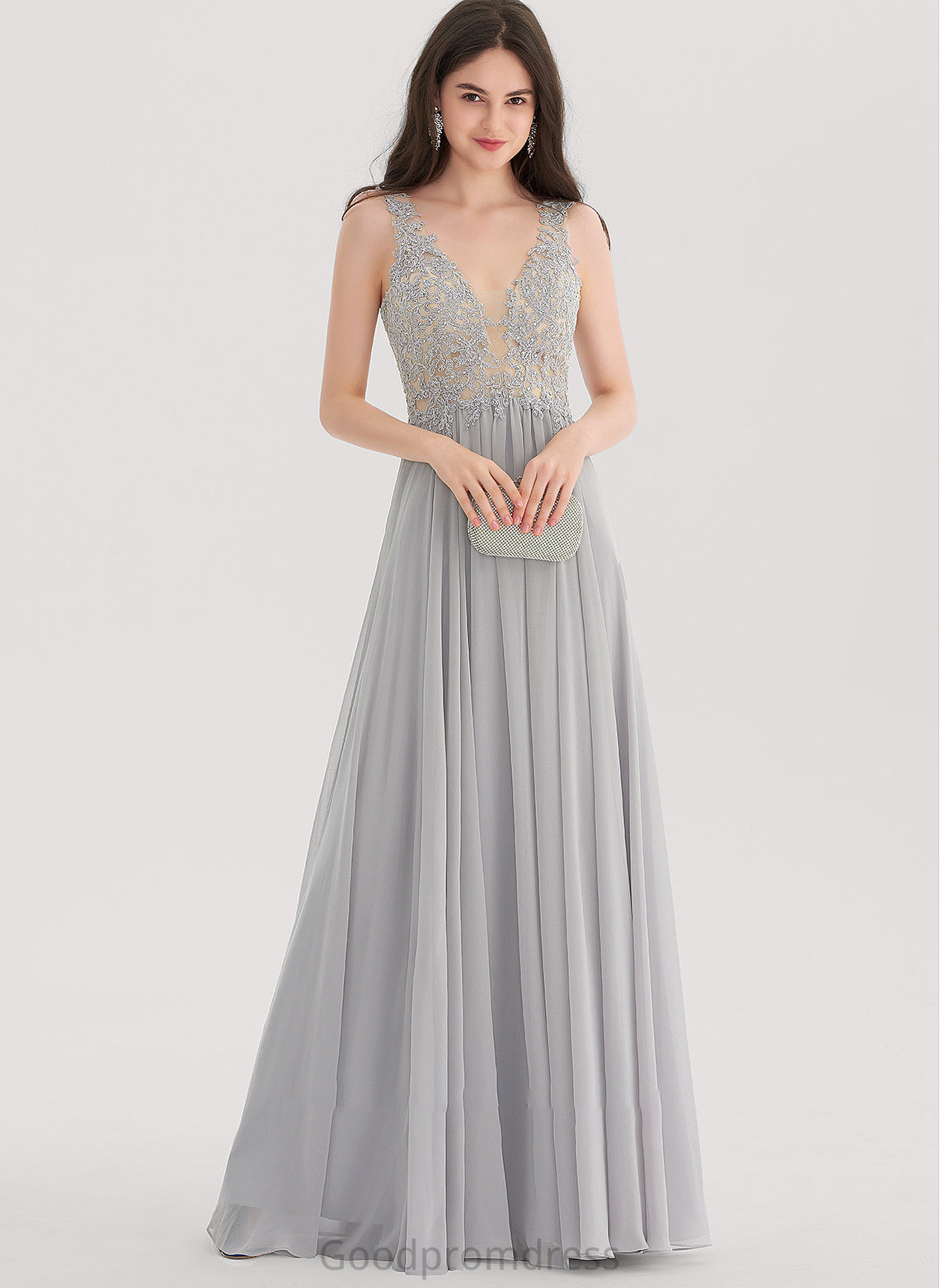 A-Line With Floor-Length Bailey Beading Sequins Chiffon Prom Dresses V-neck