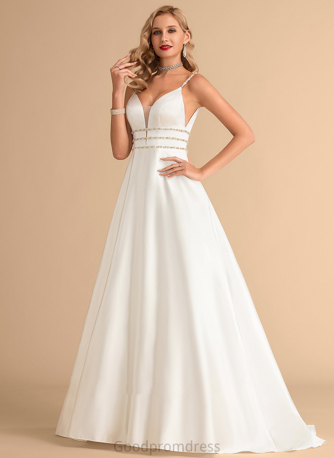 Satin Ball-Gown/Princess Dress Beading Wedding Dresses V-neck Sweep Lara With Wedding Train