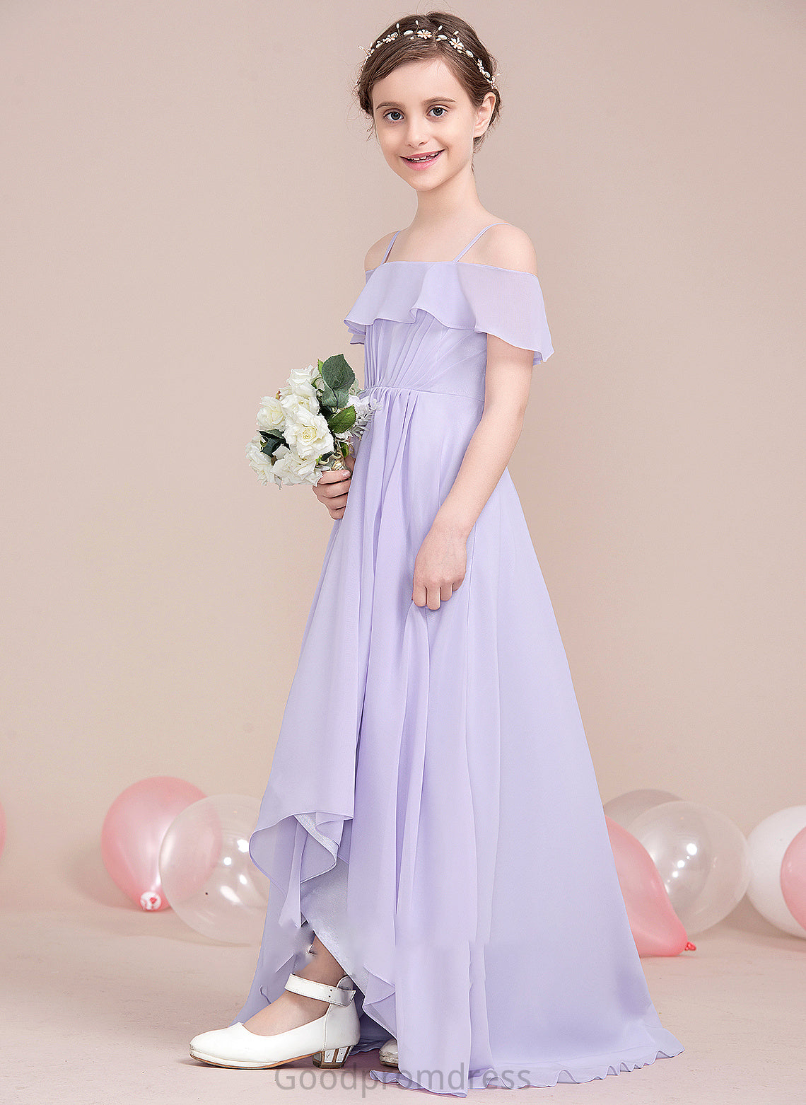 Ruffles Asymmetrical Karlee Junior Bridesmaid Dresses Off-the-Shoulder With A-Line Chiffon Cascading