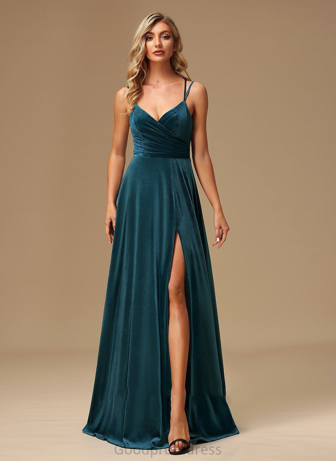 A-Line SplitFront Floor-Length Fabric Silhouette Length Neckline V-neck Embellishment Allison Sleeveless Natural Waist Bridesmaid Dresses