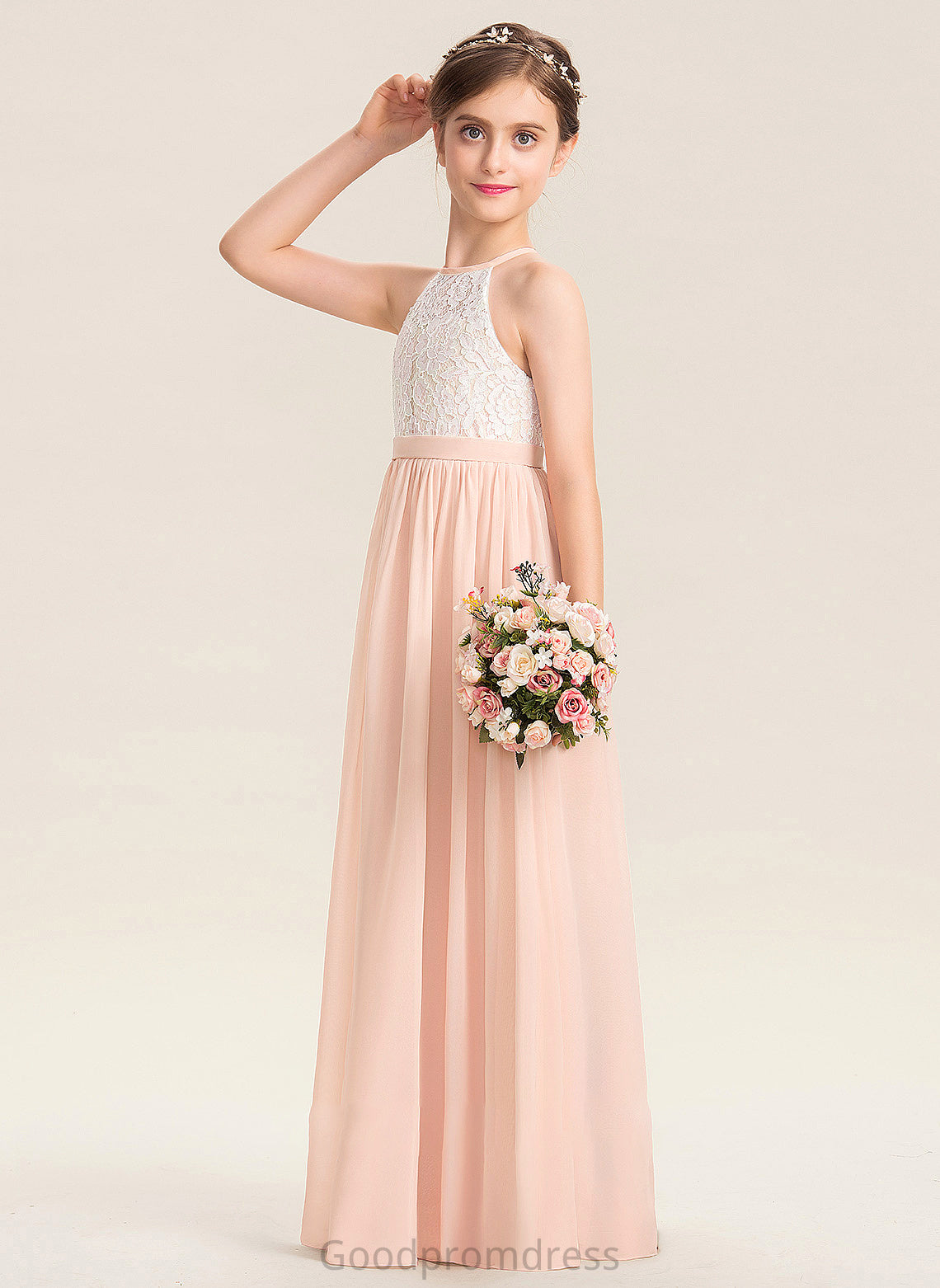 Meredith Junior Bridesmaid Dresses Neck Chiffon A-Line Floor-Length Scoop Lace