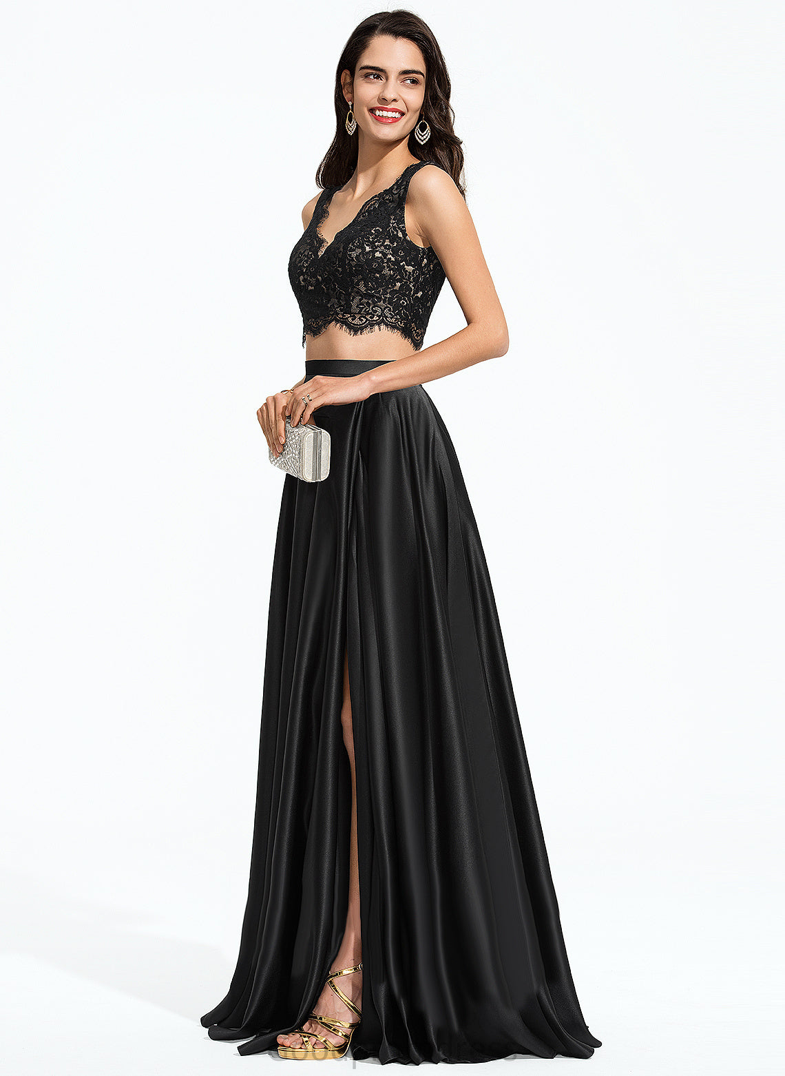 Amiyah V-neck Satin Floor-Length Prom Dresses A-Line Lace