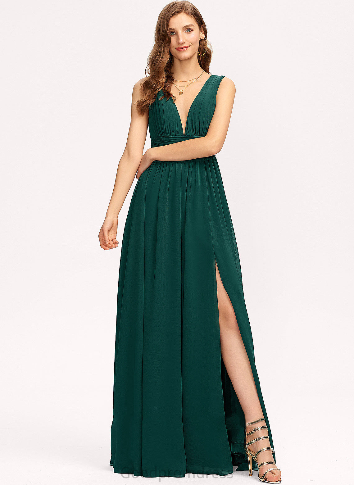 With A-Line Split Front Floor-Length V-neck Chiffon Josie Prom Dresses