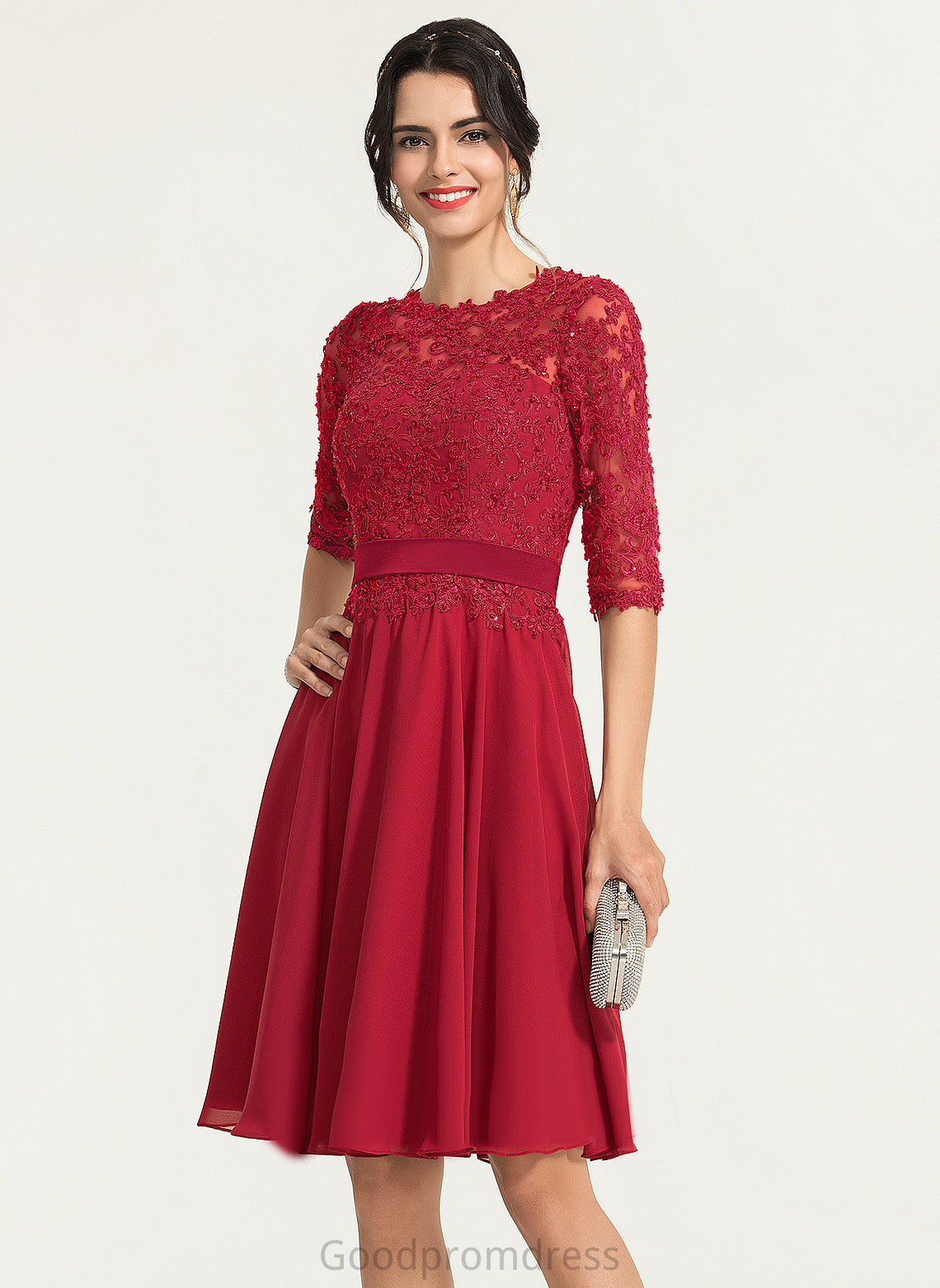 Neck Cocktail Dresses A-Line Lace Dress Chiffon Beading Cocktail Scoop Liberty With Knee-Length