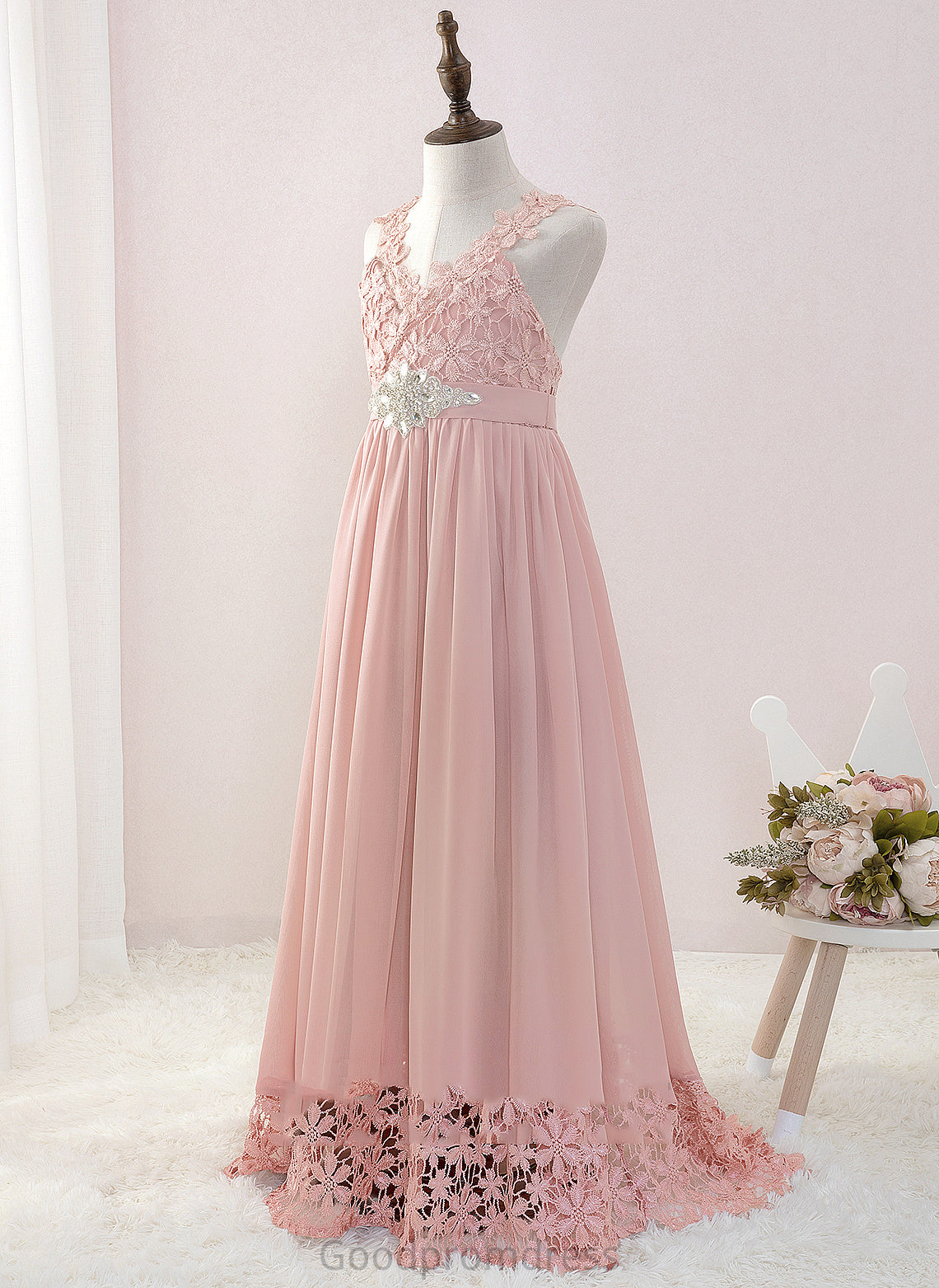 Girl - Dress With Sharon A-Line Beading Flower Girl Dresses Flower Floor-length Chiffon/Lace Sleeveless V-neck