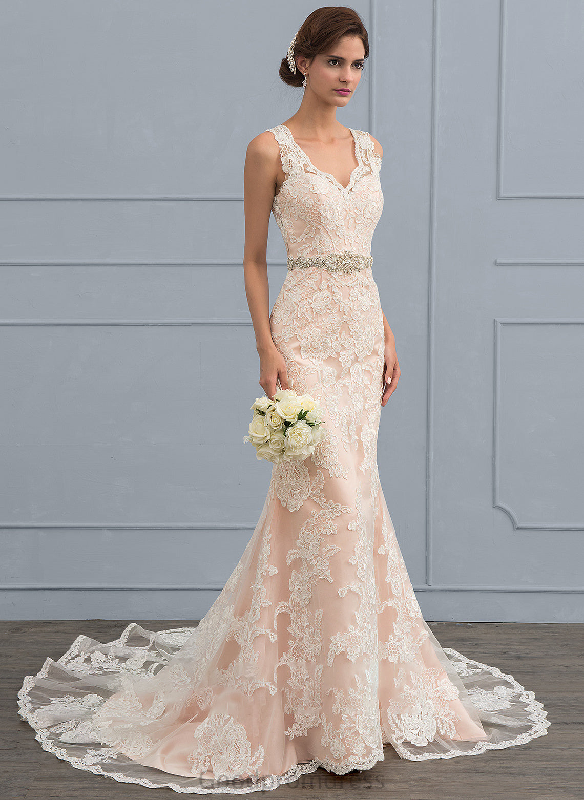 Lace Beading Dress Gill With Wedding Chapel Wedding Dresses V-neck Train Trumpet/Mermaid Tulle