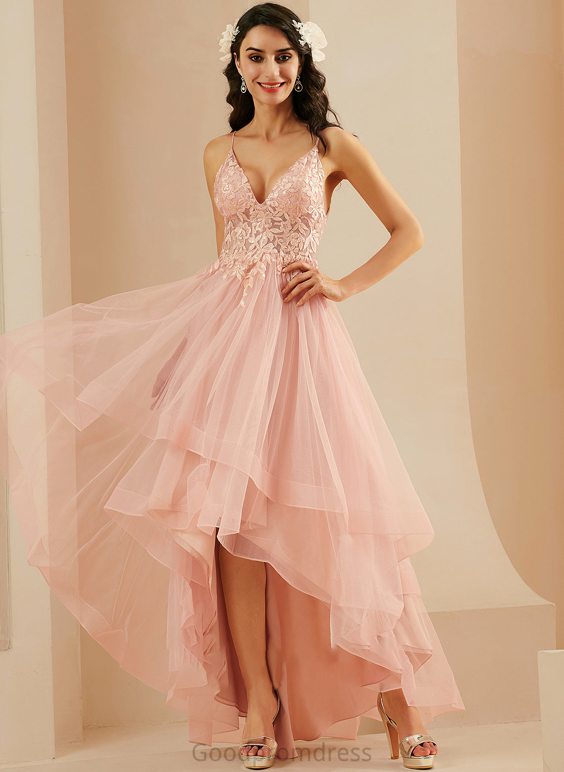 Lace Prom Dresses Asymmetrical Tulle Monique Ball-Gown/Princess V-neck With