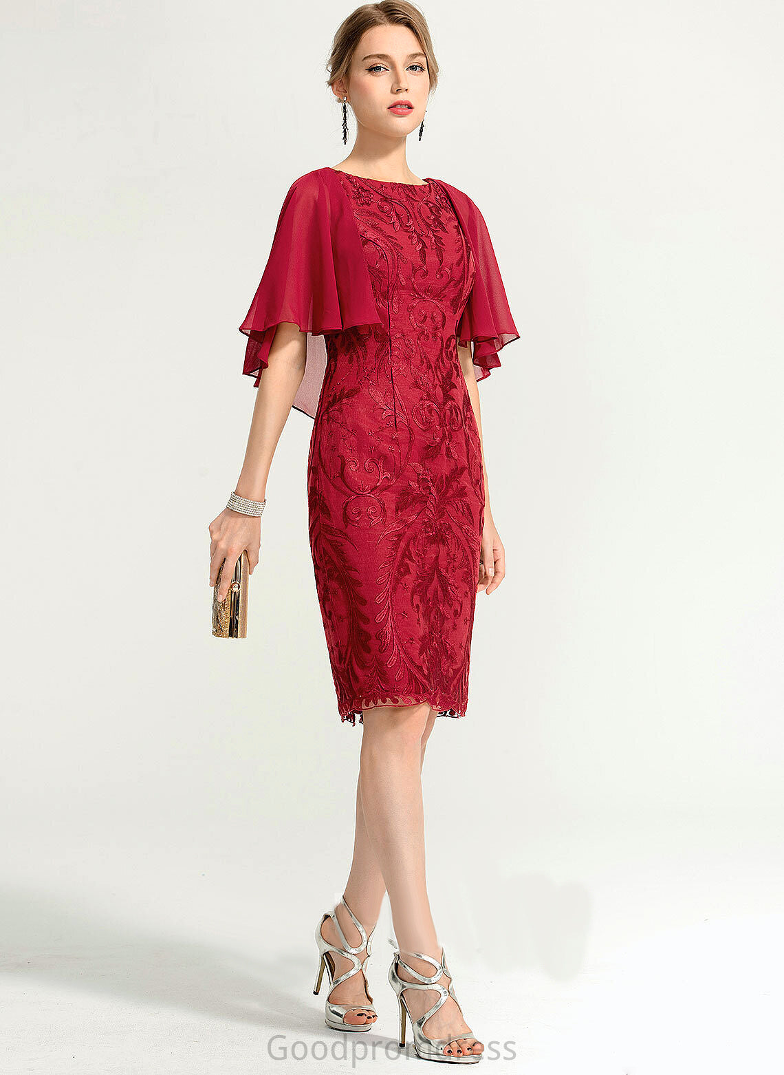 Sheath/Column Cocktail Jazmyn Cocktail Dresses Scoop Chiffon Lace Neck Knee-Length Dress