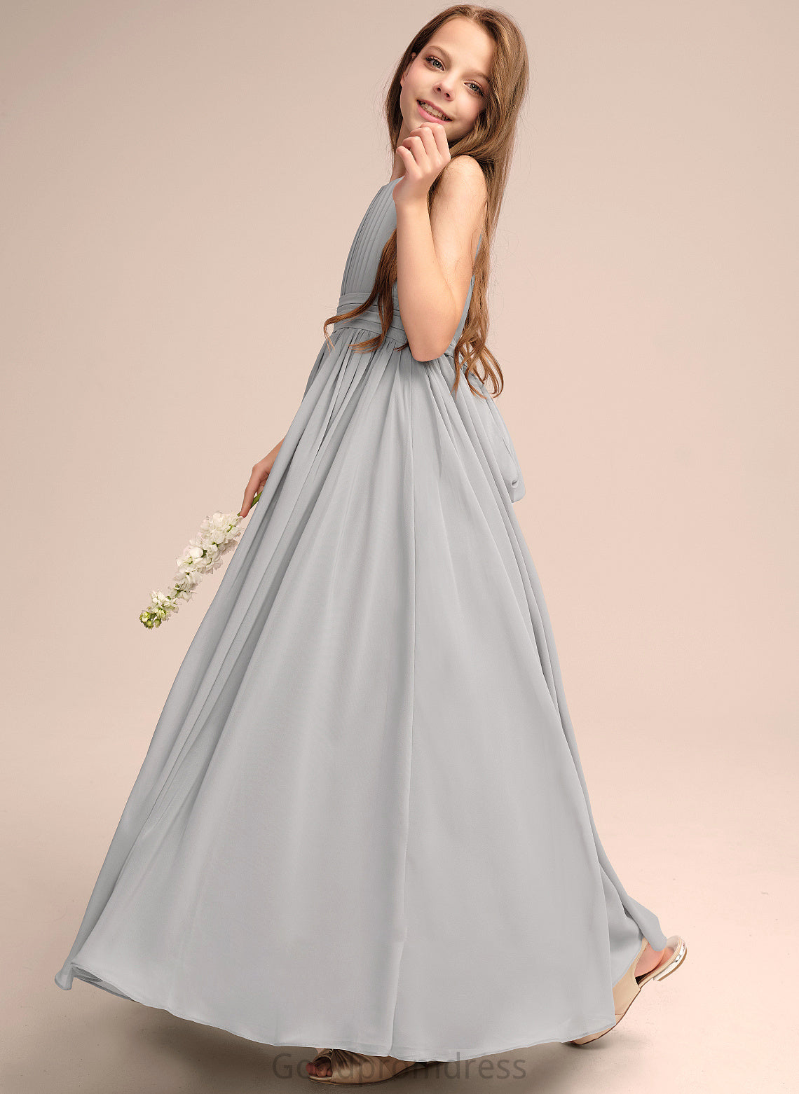 Floor-Length Chiffon With Neck Ruffle Jaelynn Bow(s) Junior Bridesmaid Dresses Scoop A-Line