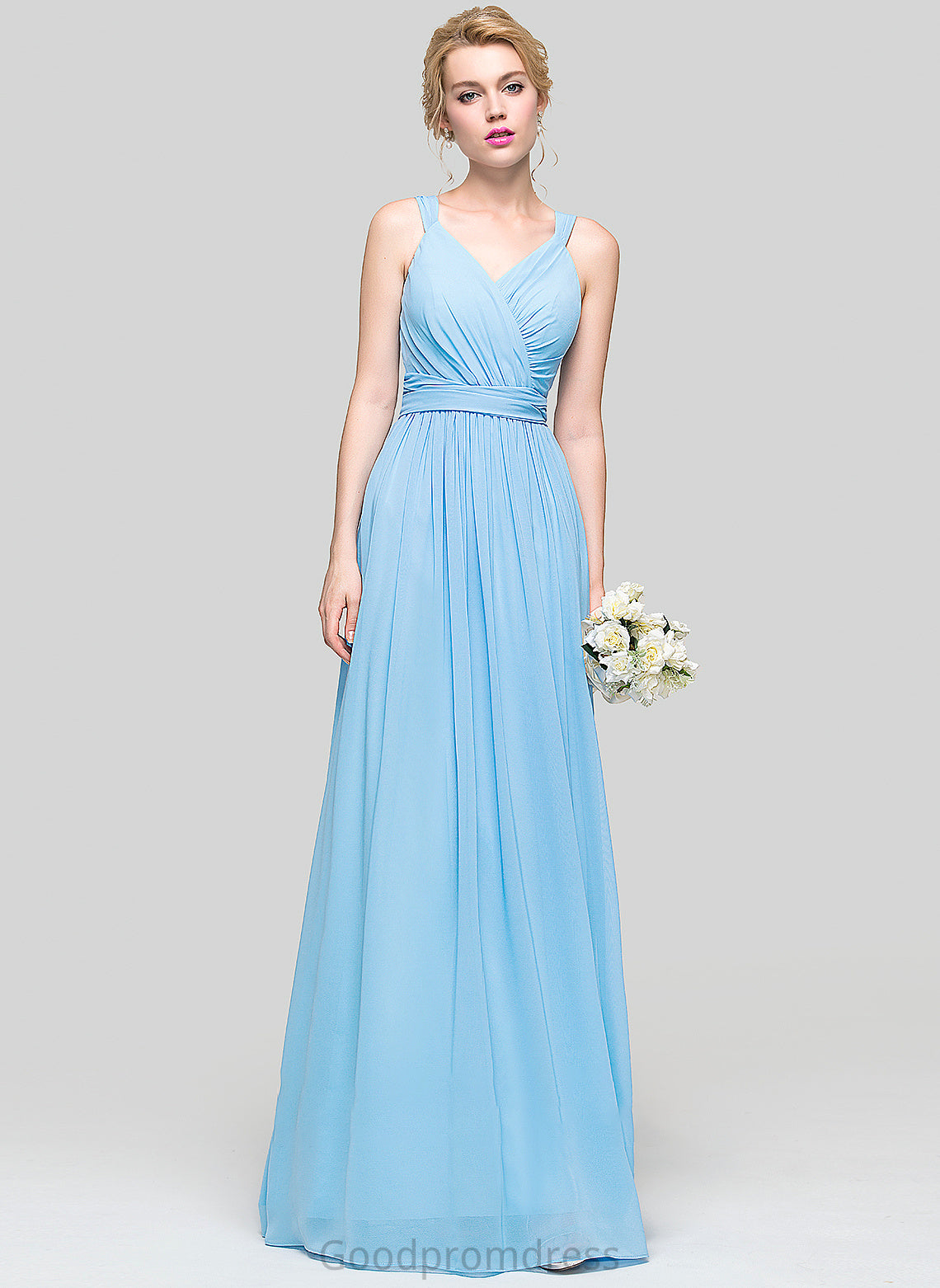 Floor-Length Neckline Length Bow(s) A-Line Fabric V-neck Ruffle Embellishment Silhouette Emily Floor Length Bridesmaid Dresses